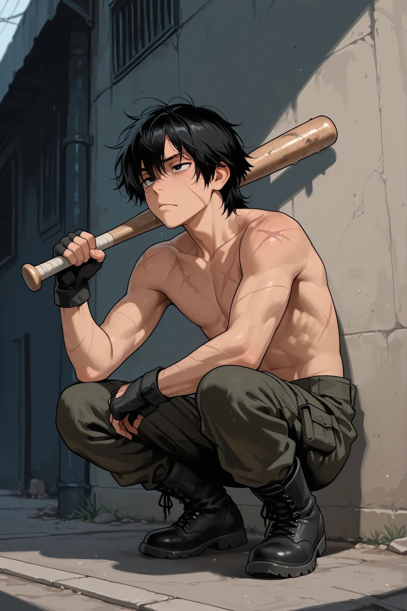 solo, A male in his late 20s, medium build, with a sturdy and agile body of a practical warrior, short and slightly disheveled black hair, a faint scar near his left eyebrow or lip, and a sharp jawline, topless, dark cargo pants, sturdy combat boots, finge...