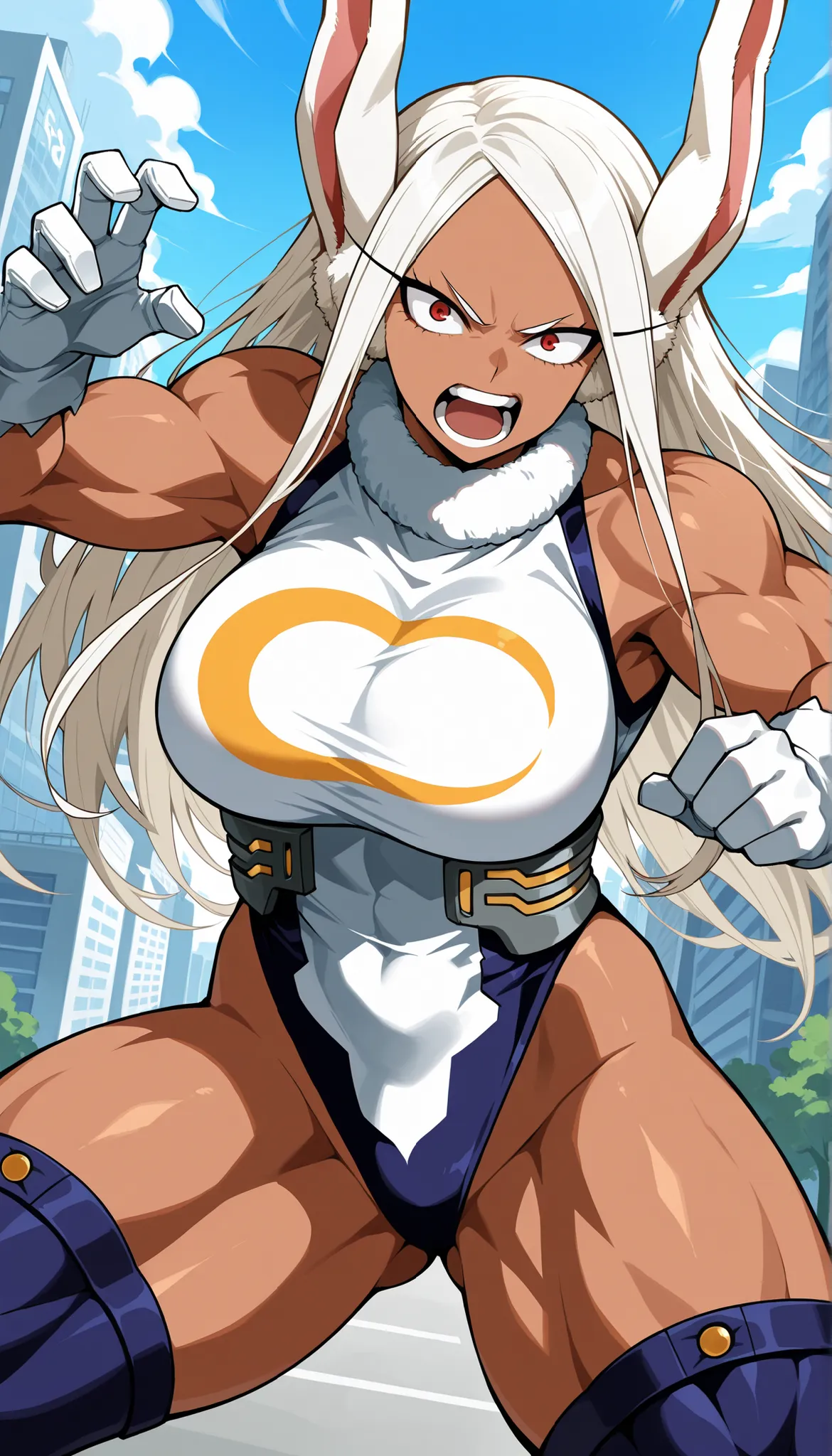 score_9, score_8_up, score_7_up, source_anime,
mirko, 
rumi usagiyama, long hair, animal ears, white hair, dark skin, rabbit ears, dark-skinned female, rabbit girl, red eyes, parted bangs, shouting, fighting stance,
thighhighs, gloves, sleeveless, white gl...