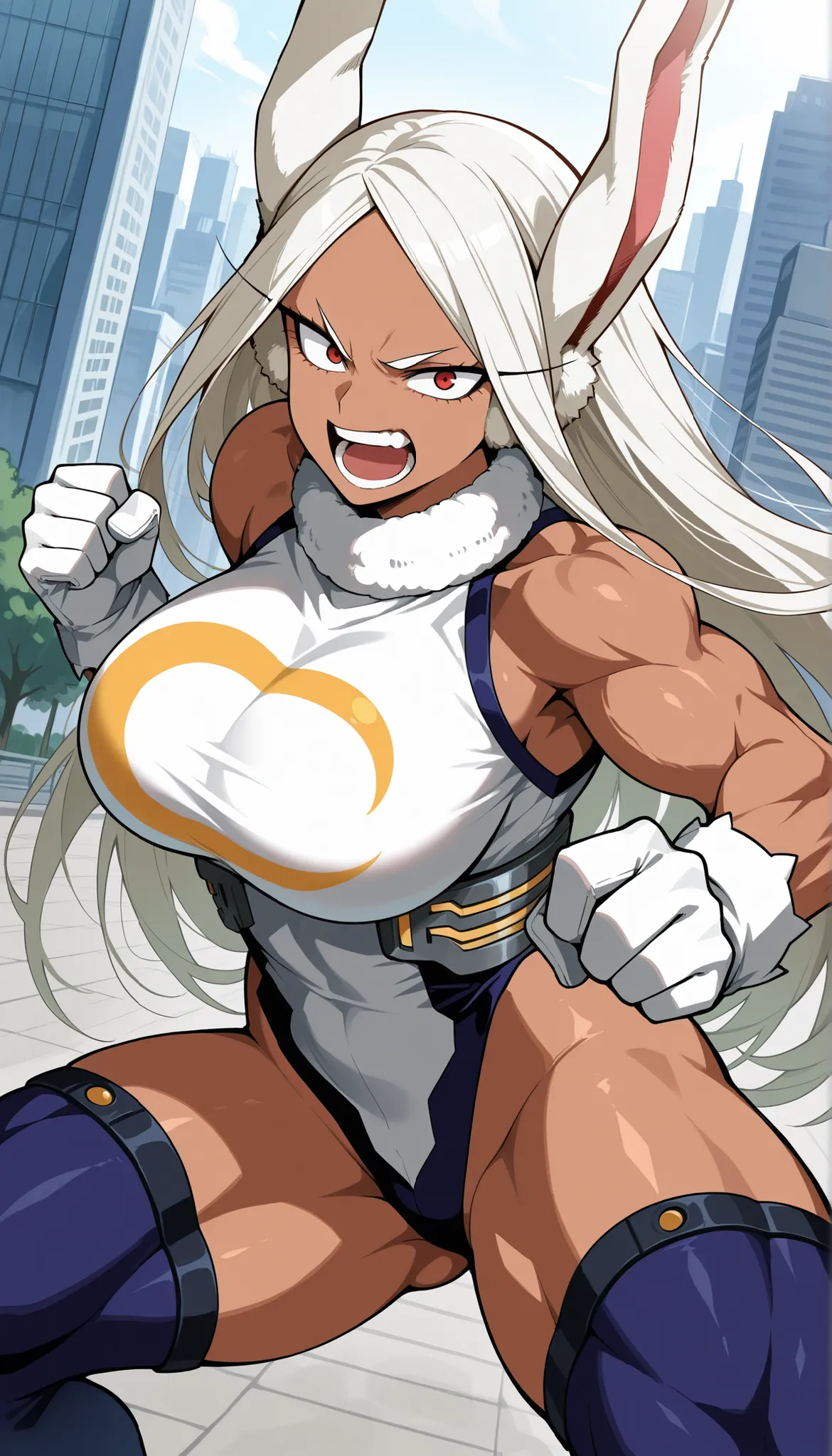 score_9, score_8_up, score_7_up, source_anime,
mirko, 
rumi usagiyama, long hair, animal ears, white hair, dark skin, rabbit ears, dark-skinned female, rabbit girl, red eyes, parted bangs, shouting, fighting stance,
thighhighs, gloves, sleeveless, white gl...