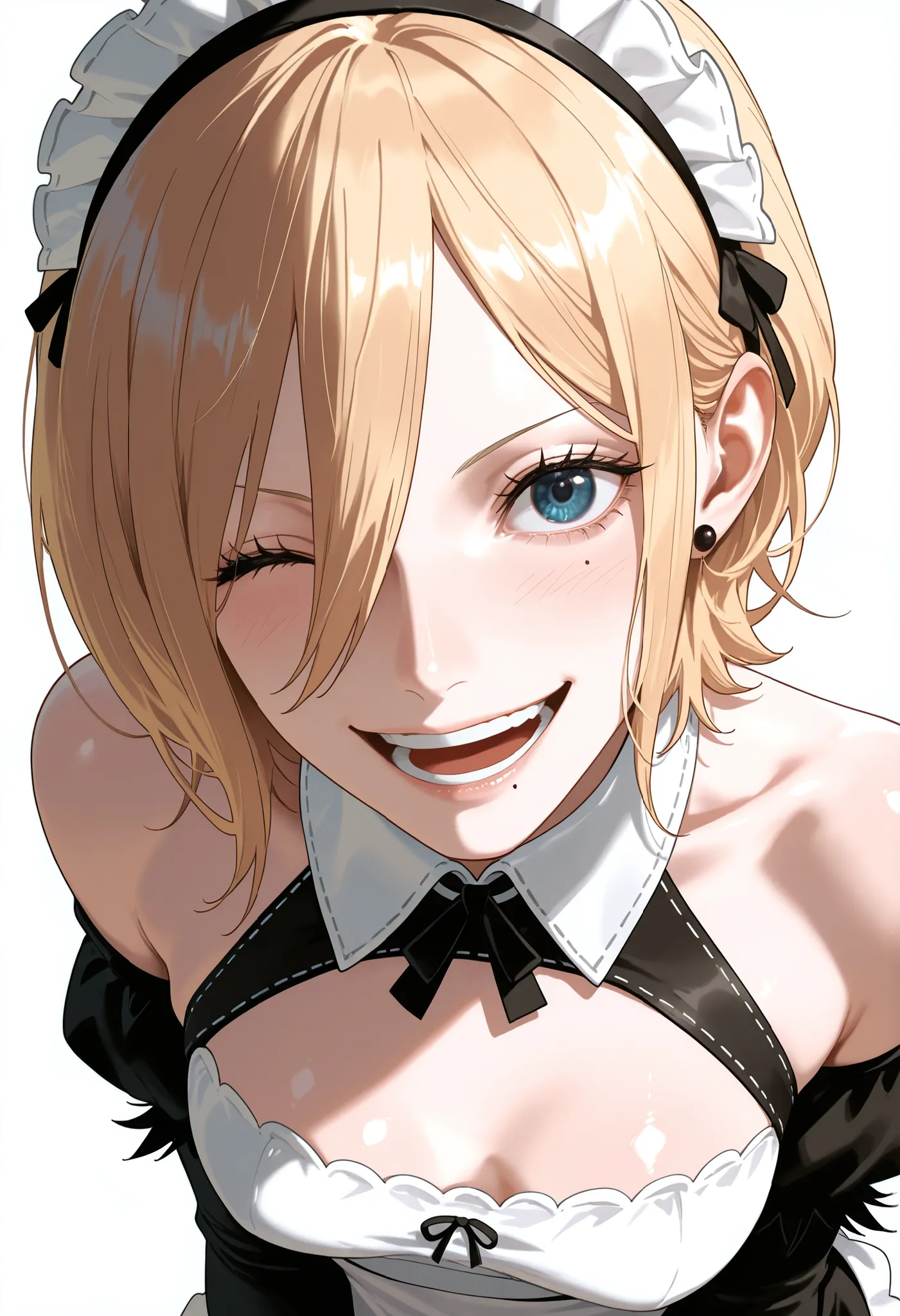 masterpiece, best quality, amazing quality, 1girl, (Yorha Commander , One Piece, Chainsaw man, Nier Automata, blue eyes, blonde hair), wearing white maid suit, Open shoulders, very happy smile, close up shot, simple background, medium size , golden ratio f...