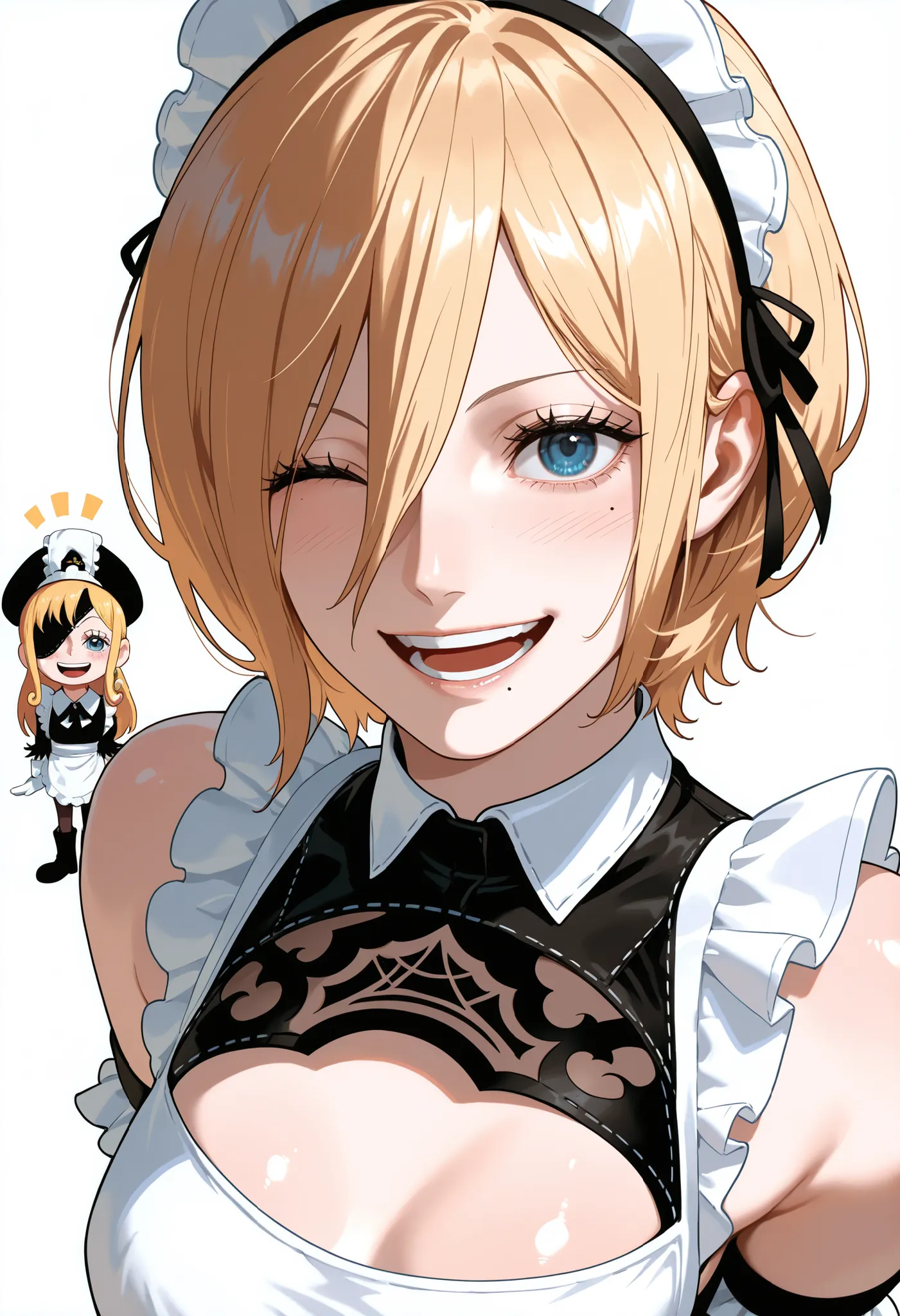 masterpiece, best quality, amazing quality, 1girl, (Yorha Commander , One Piece, Chainsaw man, Nier Automata, blue eyes, blonde hair), wearing white maid suit, Open shoulders, very happy smile, close up shot, simple background, medium size , golden ratio f...