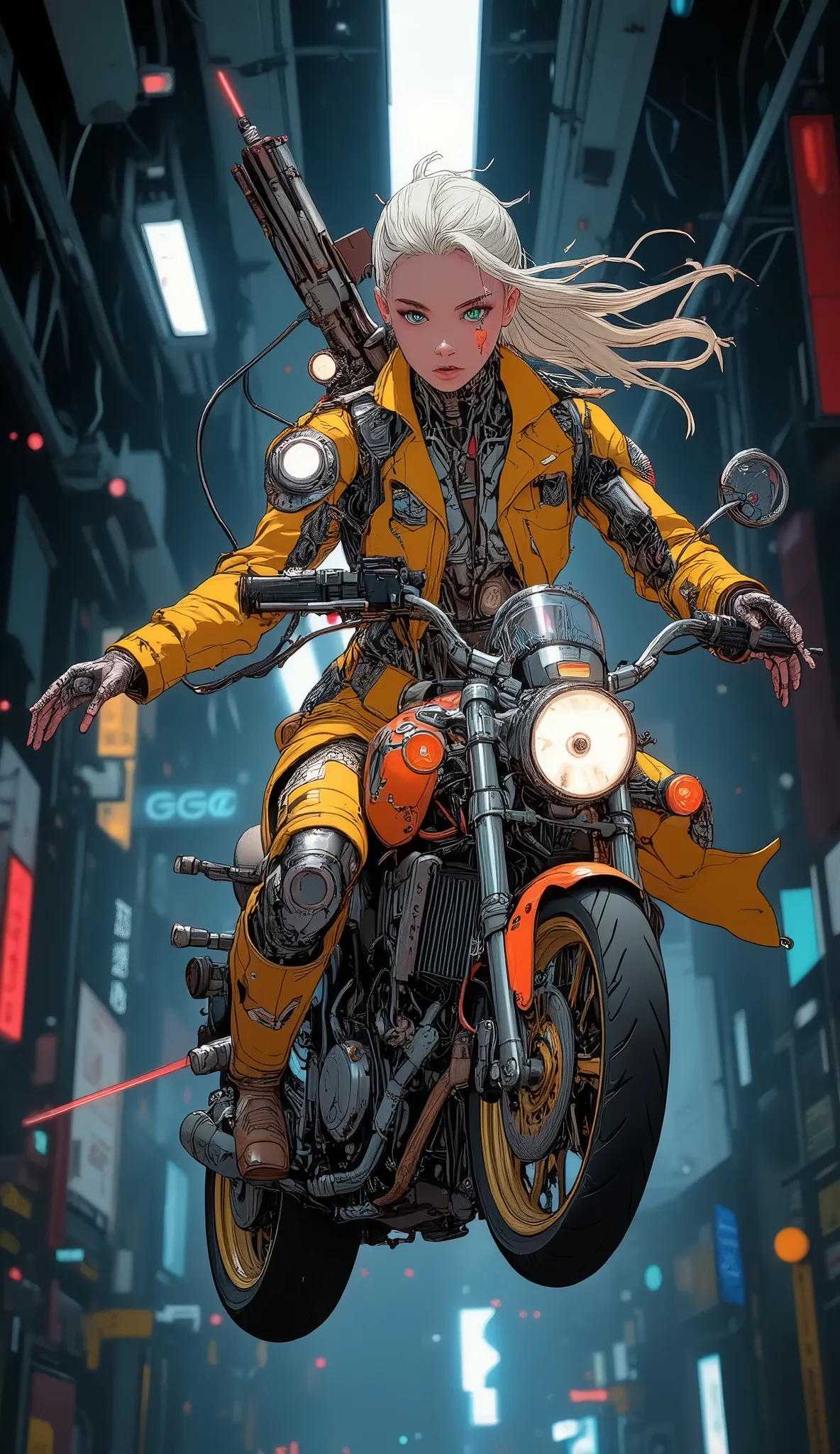 high quality DVD,4K,Fine Futuristic Mechanisms Exoskeleton Female ,Wearing Yellow Mechanical Exoskeleton Jacket, ((skidding)) on a futuristic flying motorcycle, carries a "minigun M134" laser machine gun on her back, Geometry and Eye Pattern,((( Dynamic Po...