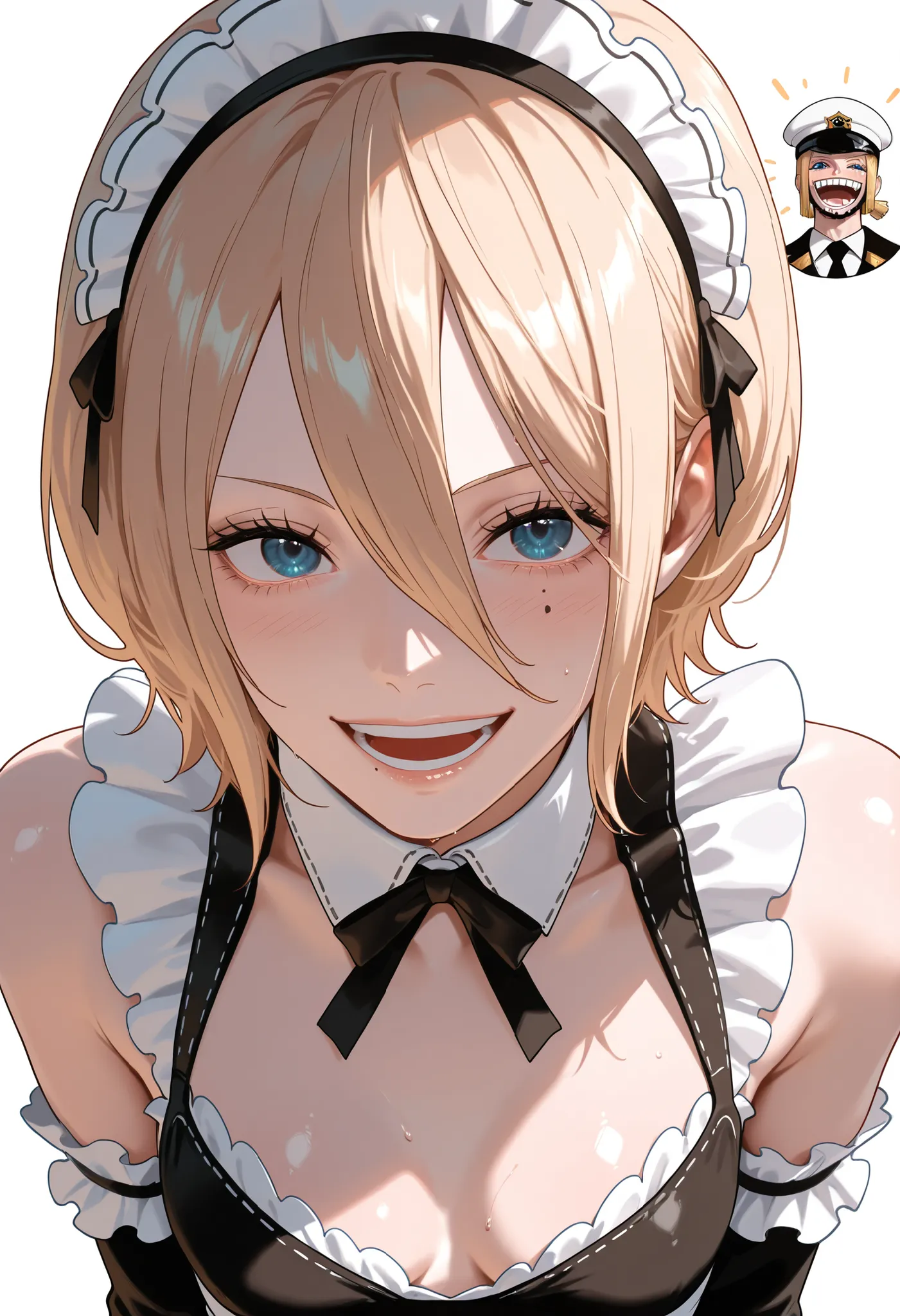 masterpiece, best quality, amazing quality, 1girl, (Yorha Commander , One Piece, Chainsaw man, Nier Automata, blue eyes, blonde hair), wearing white maid suit, Open shoulders, very happy smile, close up shot, simple background, medium size , golden ratio f...