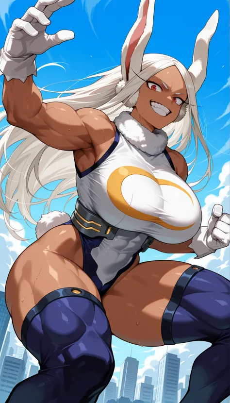 score_9, score_8_up, score_7_up, source_anime,
mirko, 
rumi usagiyama, long hair, animal ears, white hair, dark skin, rabbit ears, dark-skinned female, rabbit girl, red eyes, parted bangs, fighting stance, bending down her body like animal, showing her tee...