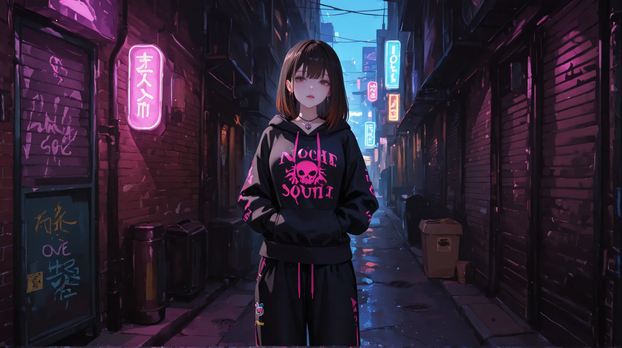 sexy,sweet girl,print hoodie with black brown hair,wearing black hdi,under a hoodie stylish black pants with pendants,on a,look around you-the inscription is in English,neon booed alley in the background.