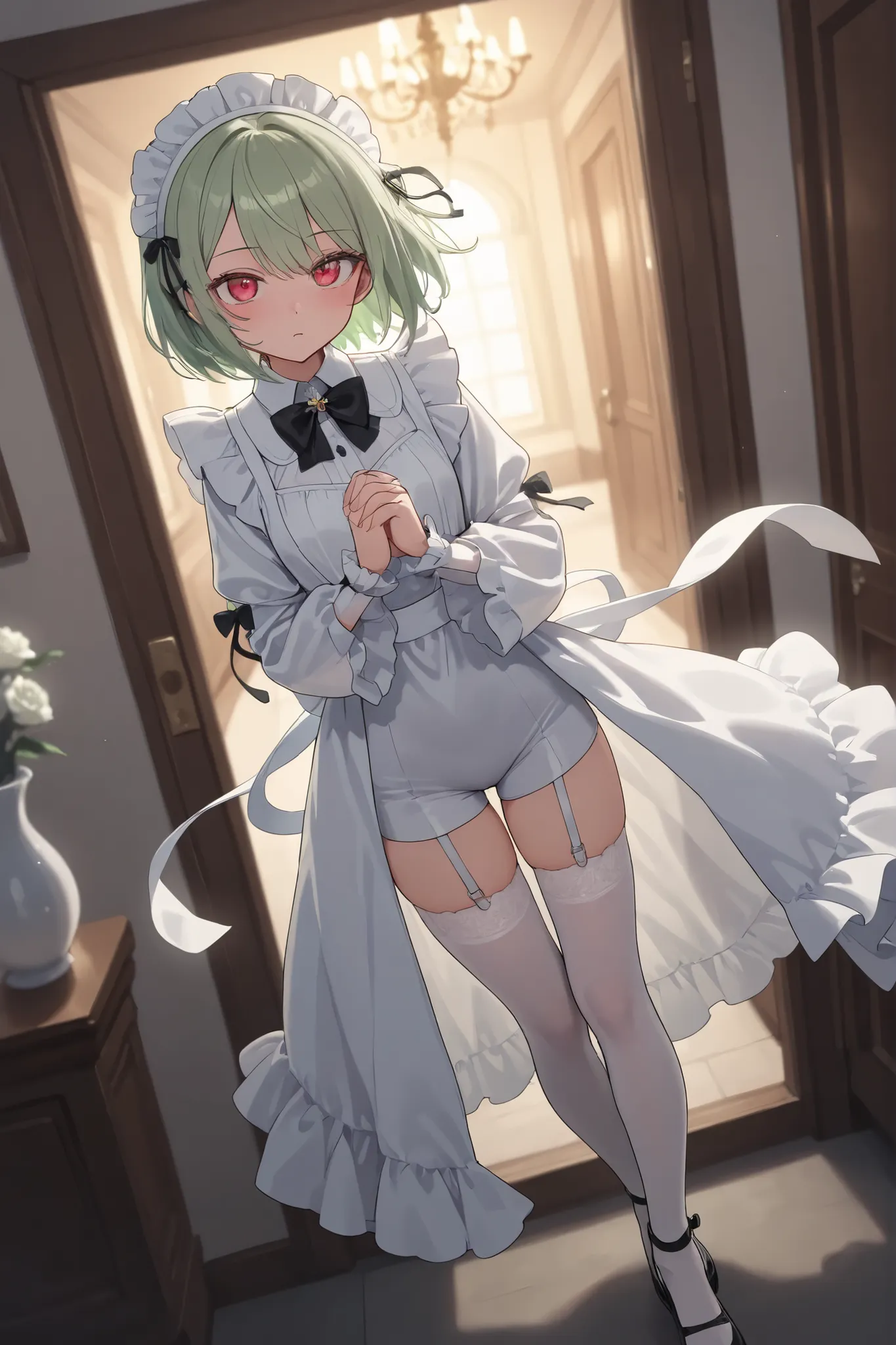 Simple maid outfit
(Full body)
She is small and centered
Focused away from the door
Wide shot
Simple maid outfit
Green hair, red eyes. Legs crossed.
Looking up from her feet, hands clasped in front of her crotch. Ribbon tied underneath. Hands clasped in ...