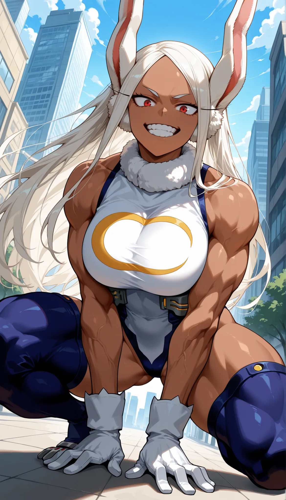 score_9, score_8_up, score_7_up, source_anime,
mirko, 
rumi usagiyama, long hair, animal ears, white hair, dark skin, rabbit ears, dark-skinned female, rabbit girl, red eyes, parted bangs, fighting stance, bending down her body like animal, showing her tee...