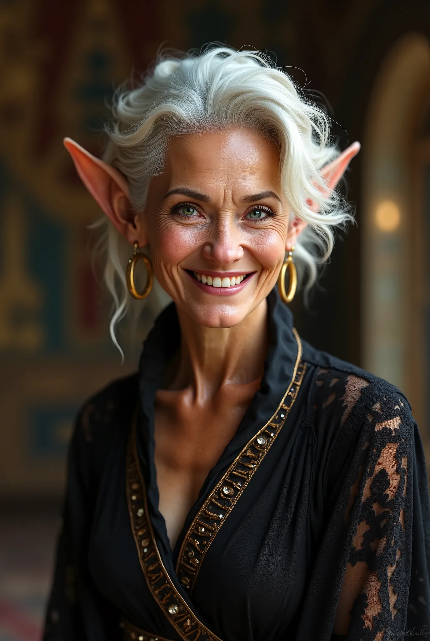 elderly elf with a beautiful smile and blue eyes, this elf is a banker and rich with noble clothes from the Middle Ages, medieval noble, 8K, high quality.