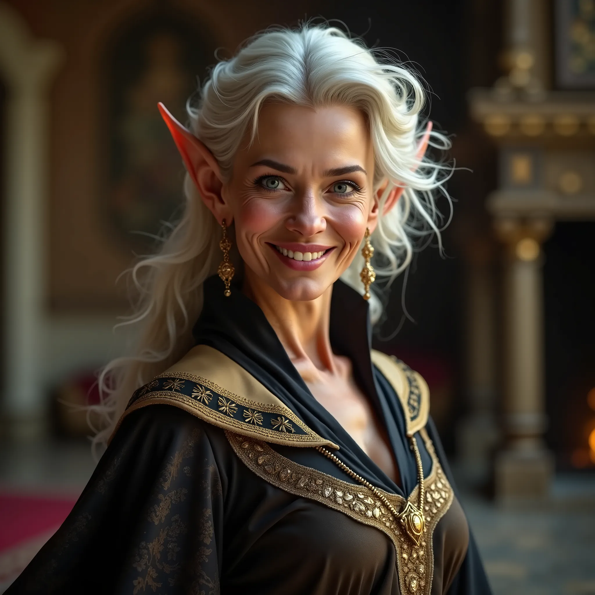 elderly elf with a beautiful smile and blue eyes, this elf is a banker and rich with noble clothes from the Middle Ages, medieval noble, 8K, high quality.