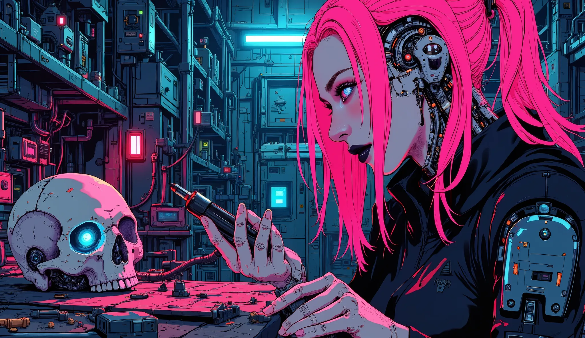  A digital artwork in the style of cknc, A half-body shot of a beautiful cyborg girl in her futuristic workshop. She has neon pink hair cascading down her shoulders, contrasting sharply with her black lipstick. The top of her face, from under the nose to t...