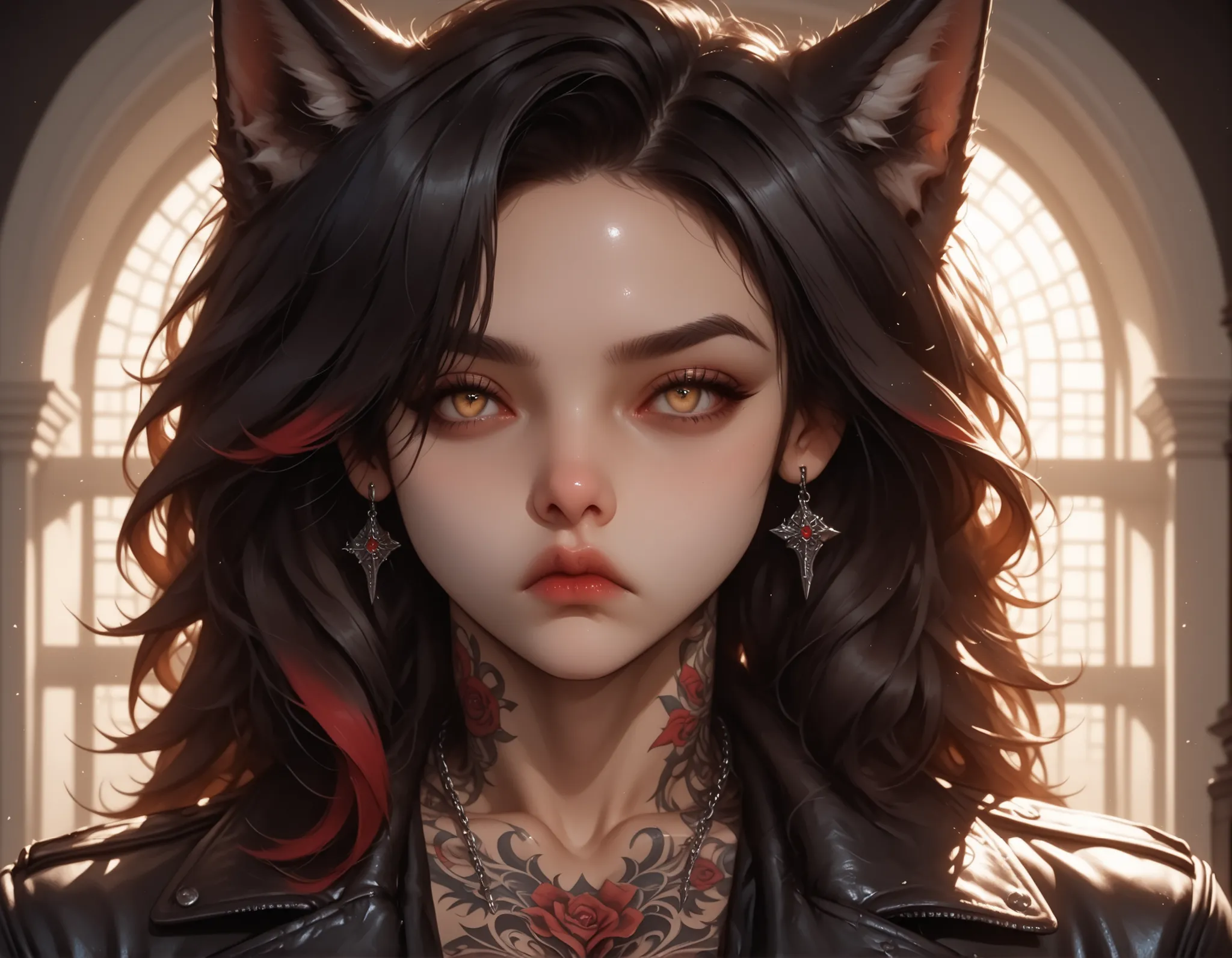urban_park, pale_skin, black_hair, short_hair, red_highlights, wolf_ears, wolf_tail, yellow_eyes, muscular_female, muscular_arms, detailed_tattoos, (detailed_face:1.3), (sharp jawline), (high nose bridge:1.2), soft skin, glowing_skin, refined_cheekbones, a...