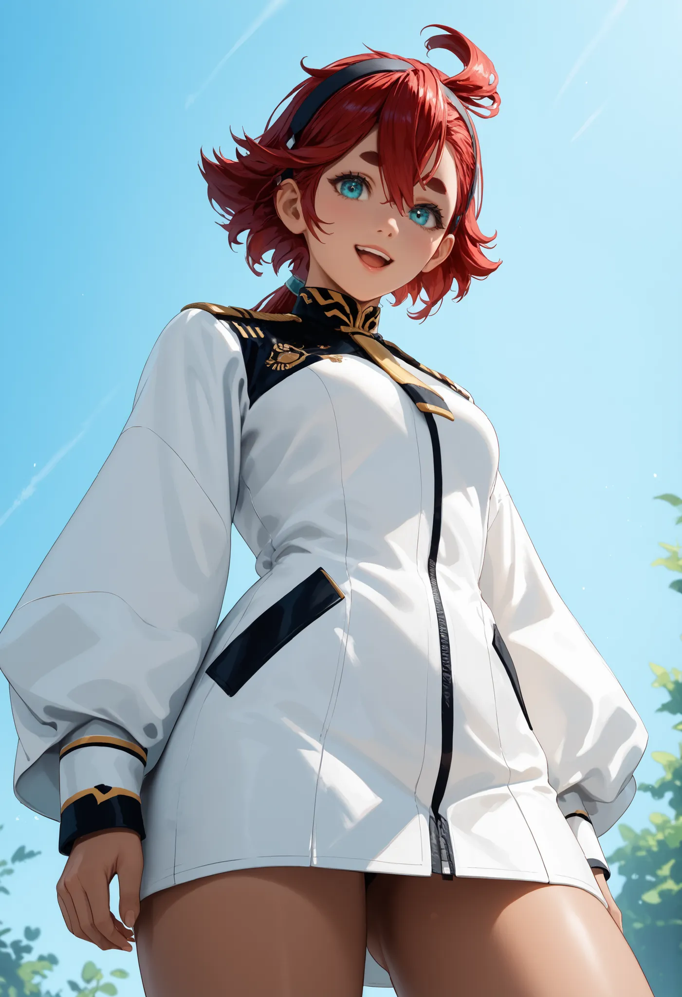 Thread Mercury, stupid hair,  aqua eyes, black headband, dark skin,  浅dark skinの女性, hair between eyes, headband, long hair, low ponytail, red hair, kakage bang, thick eyebrows, open your mouth, has a smiling face, blanking,                                 ...