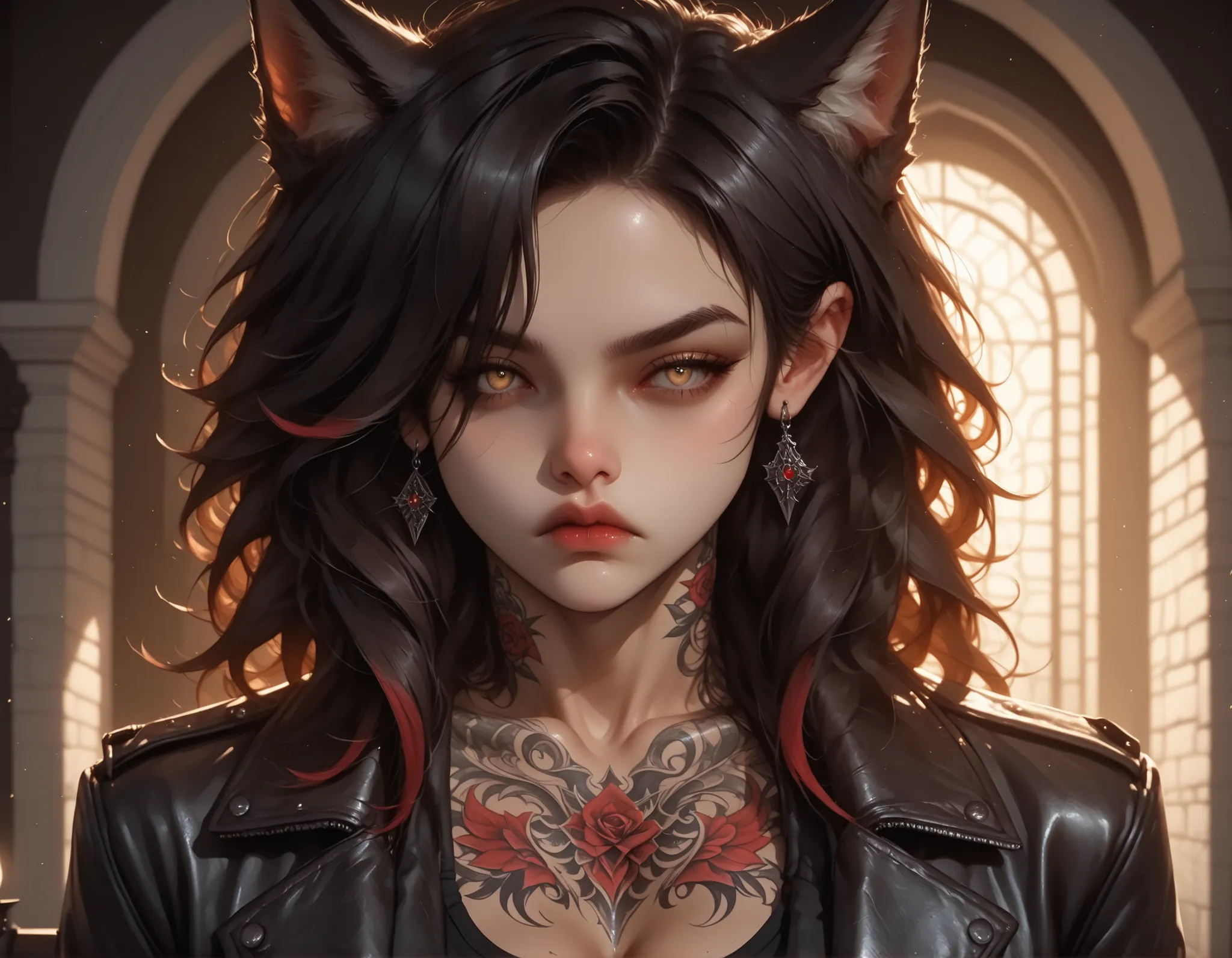 urban_park, pale_skin, black_hair, short_hair, red_highlights, wolf_ears, wolf_tail, yellow_eyes, muscular_female, muscular_arms, detailed_tattoos, (detailed_face:1.3), (sharp jawline), (high nose bridge:1.2), soft skin, glowing_skin, refined_cheekbones, a...