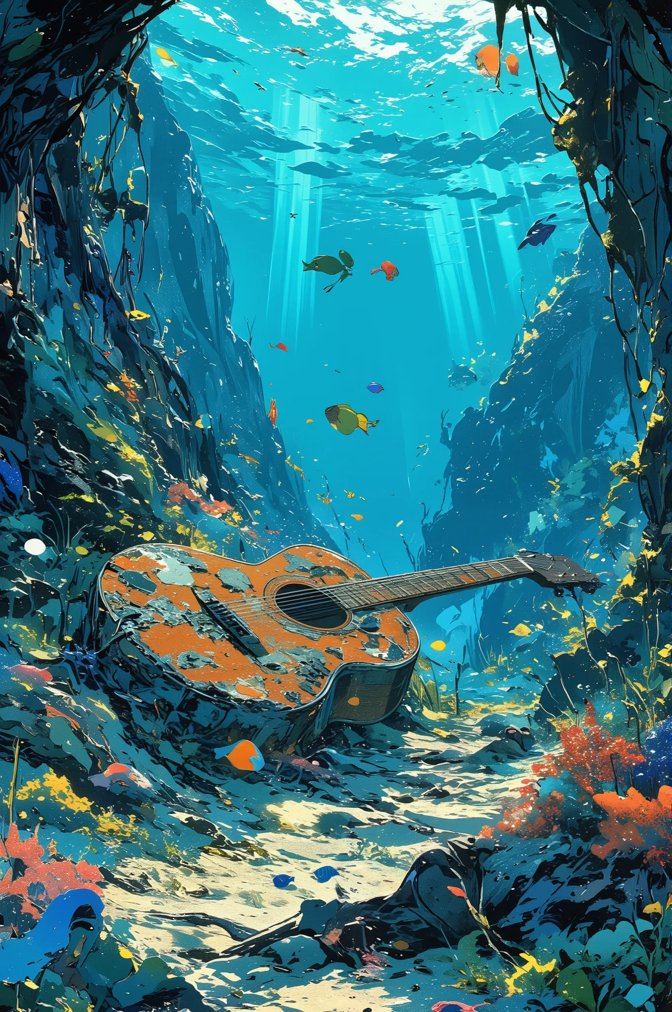 photo-realistic cinematic underwater scene at the ocean floor, an old acoustic guitar lies partially buried in sand and coral, its wooden surface weathered and covered in moss and barnacles, colorful tropical fish swim in and out of the guitar's sound hole...