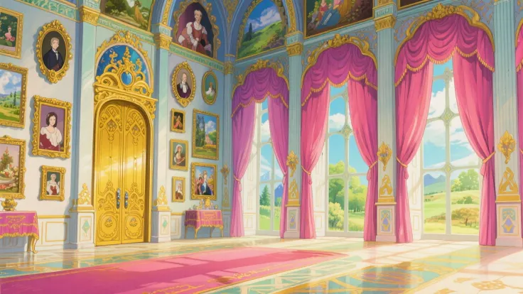 decorated with curtains, on the walls there are many paintings and portraits and landscapes and still lifes, on the left is a large high golden door, the amazing hall in the palace, fantasy genre, bright colors, high detail. high detail, Very detailed, Studio Ghibli style manga illustration, crazy fine details, bright colors, detailed line drawing