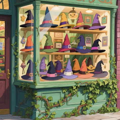 amazing shop window with arranged witch hats in different styles, the bottom of the showcase is covered with ivy. fantasy genre, high detail, Very detailed, Studio Ghibli style manga illustration, crazy fine details, bright colors, detailed line drawing