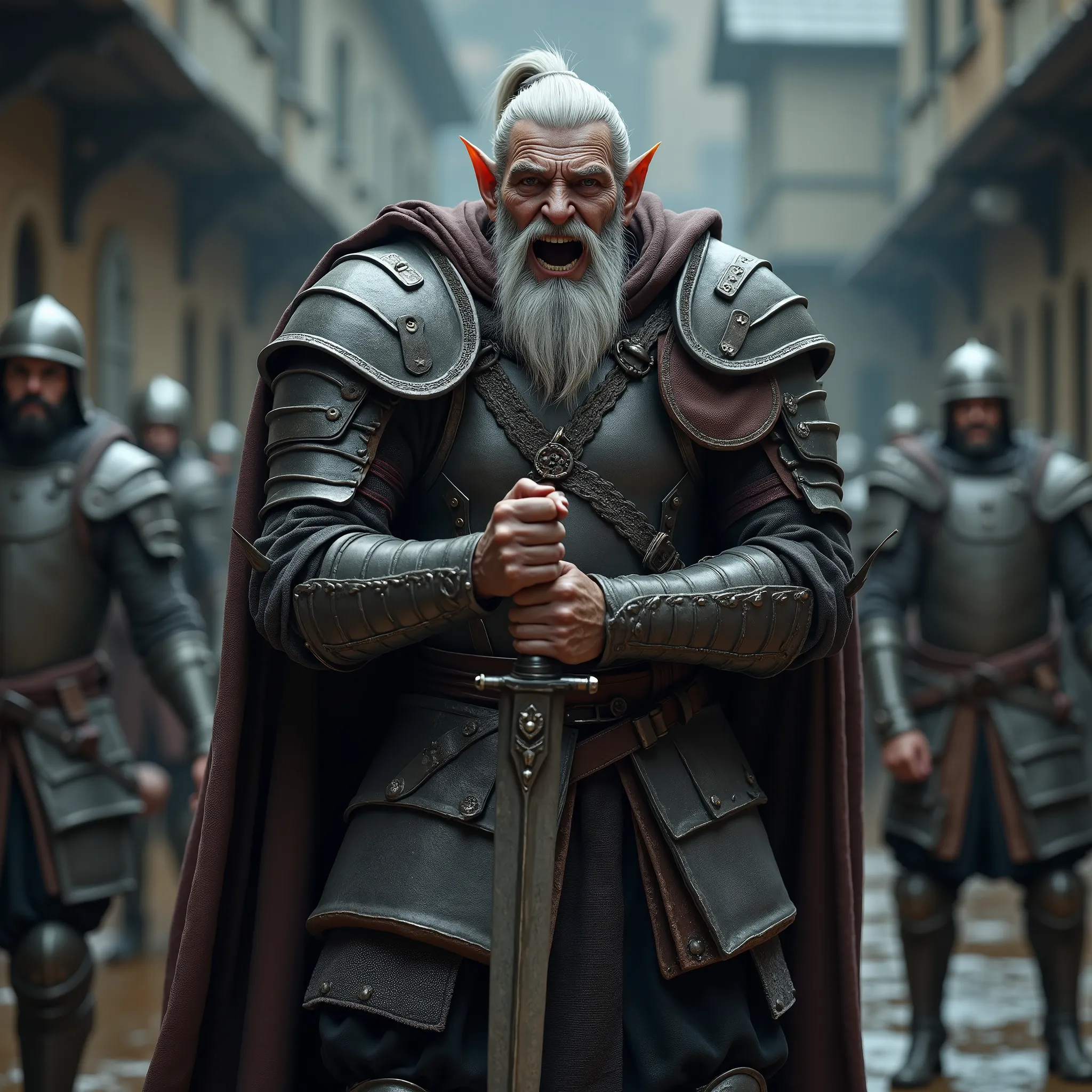 ((RPG)),((MEDIEVAL)), (RPG SOLDIER), muscular and very old berserk elf with medieval armor and inside a combat academy training others with an overwhelming scream, 85 year old face, armor, high image quality, combat academy in the background, 4k, Unreal en...