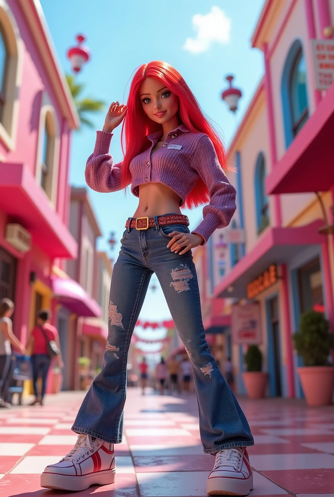 Create a vibrant scene depicting a tough, rebellious Barbie doll in a Yankee style, striking a strong pose in the center of Barbie City’s lively plaza. The environment should be filled with bright, colorful hues that enhance the playful yet bold atmosphere...