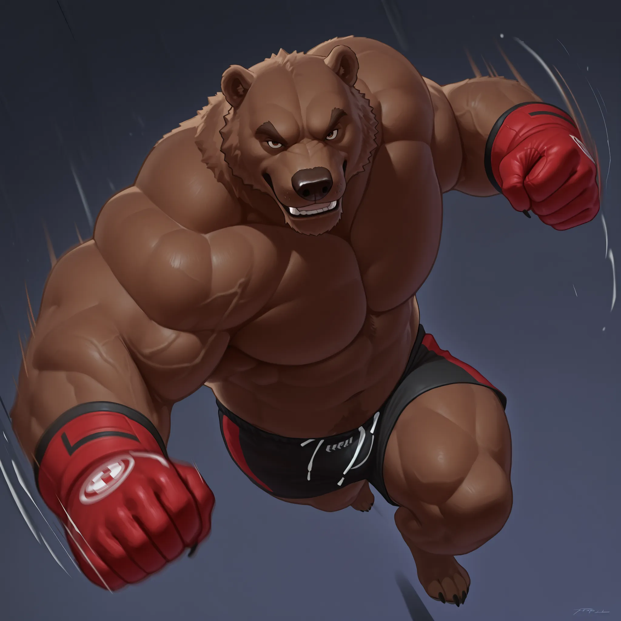 zPDXL3, pov_MMA UFC, mercilessly punching_the_viewer, motion blur, UFC MMA gloves with red knuckle pads, black MMA trunks with red line slits, extreme perspective, extreme overweighted muscles, full body, action shot, UFC MMA, dynamic pose, motion lines, i...