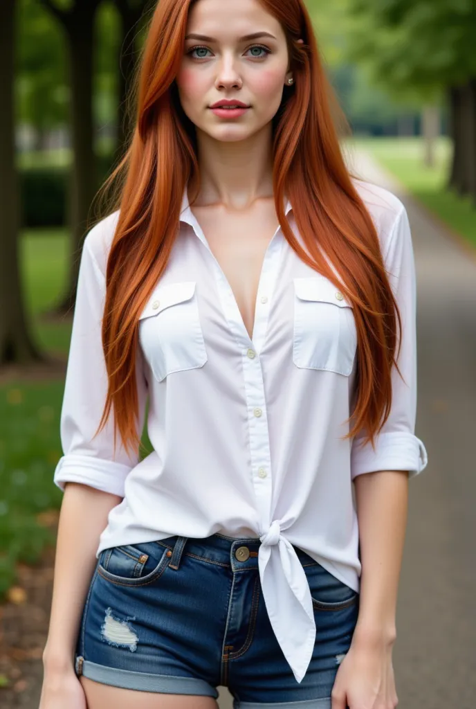 realistic image of a woman with long red hair,  3D realistic , photorealistic image of a girl,  8k portrait render , } realistic 3D style, beautiful realistic face, facial features, blue eyes, beautiful red lips., medium-sized breasts, full body image, white shirt, denim shorts,  realistic natural background 