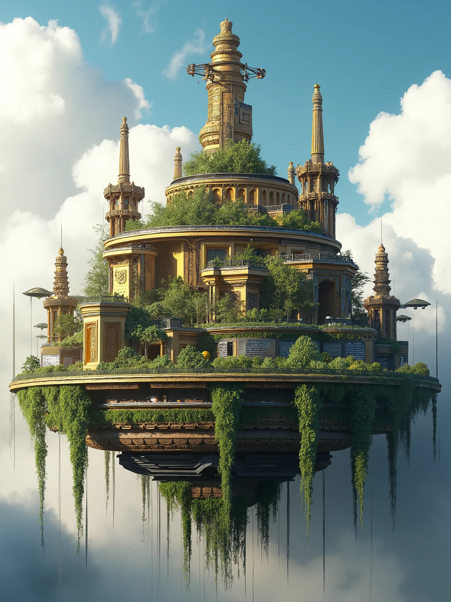 Refine and refine this image，so that the architecture and background in the middle of the picture blend perfectly，to generate 2k ultra HD quality，Vertical composition，Combining Babylonian culture with future utopian design style。Building in the center，Isol...