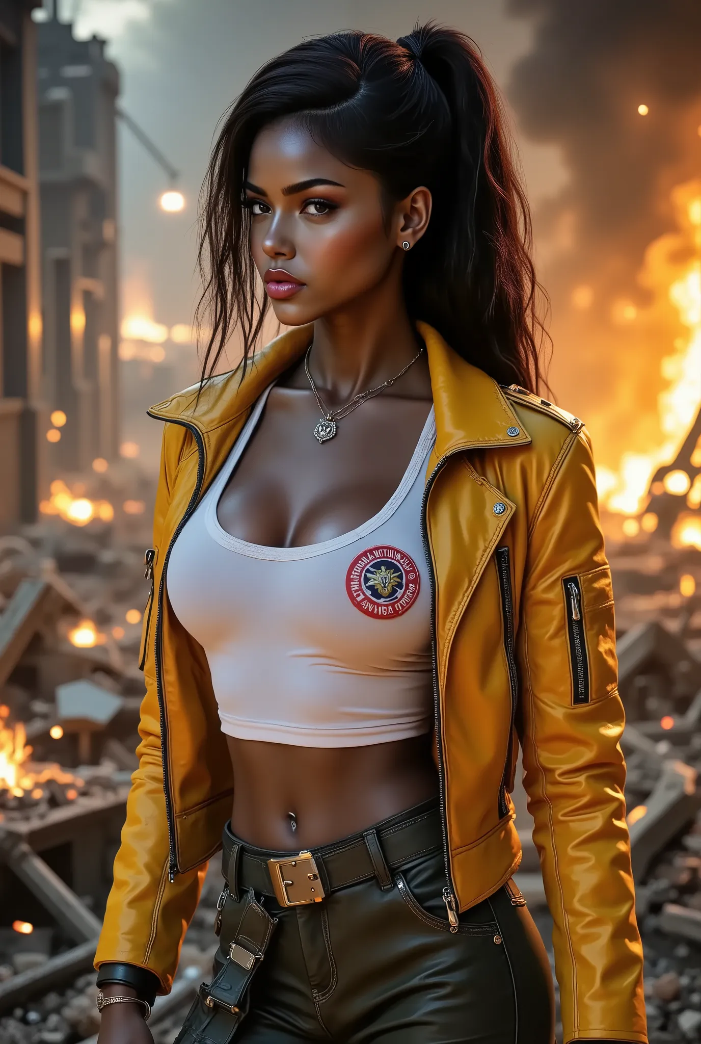 A beautiful woman, (yellow leather flight jacket with patches:1.2), white crop top shirt, necklace, (cargo hotpants:1.4), perfect abs, detailed skin texture, (blurry sunset destroyed army base background, raging fires, destruction, sparks:1.4), 8k, best qu...
