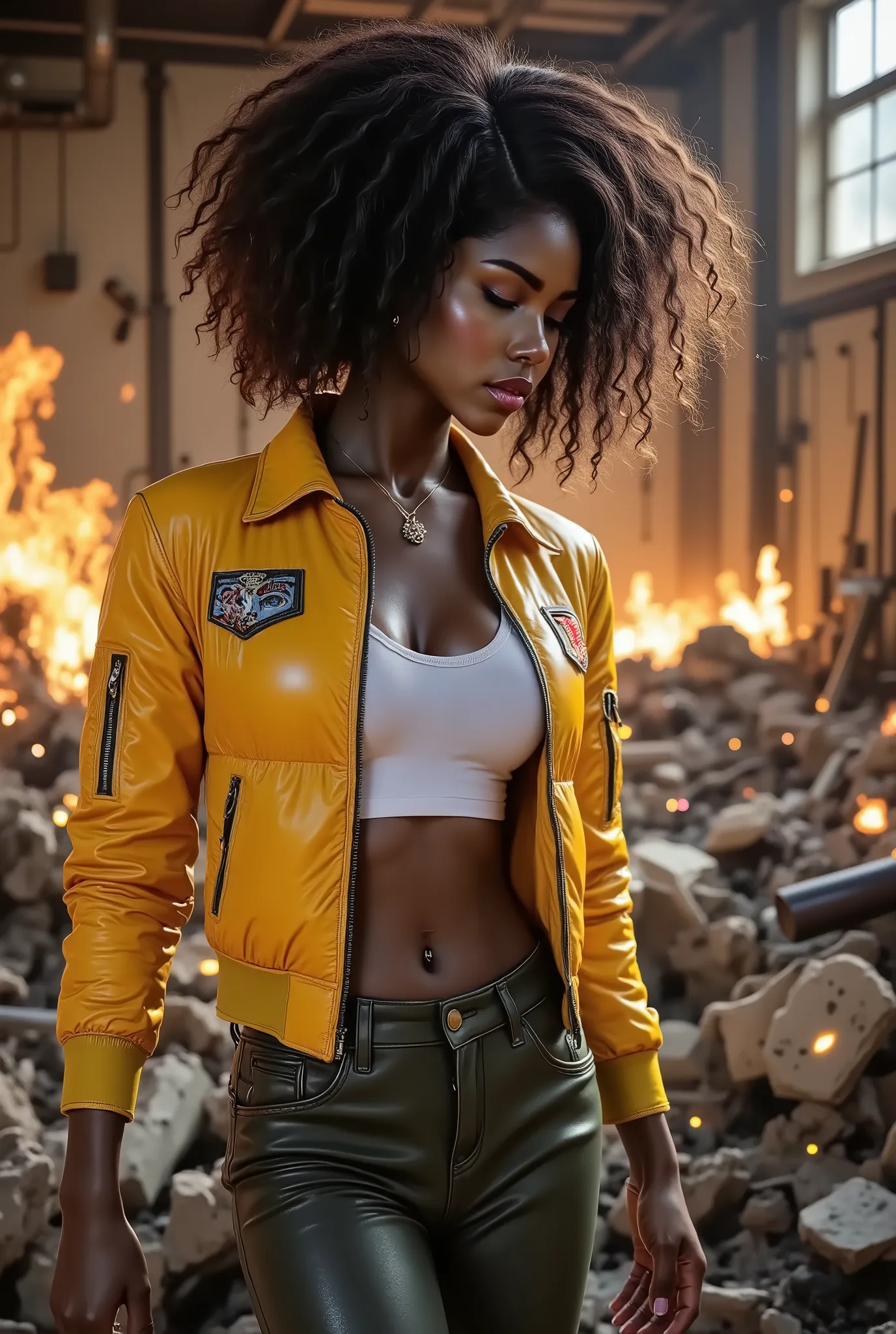 A beautiful woman, (yellow leather flight jacket with patches:1.2), white crop top shirt, necklace, (cargo hotpants:1.4), perfect abs, detailed skin texture, (blurry sunset destroyed army base background, raging fires, destruction, sparks:1.4), 8k, best qu...