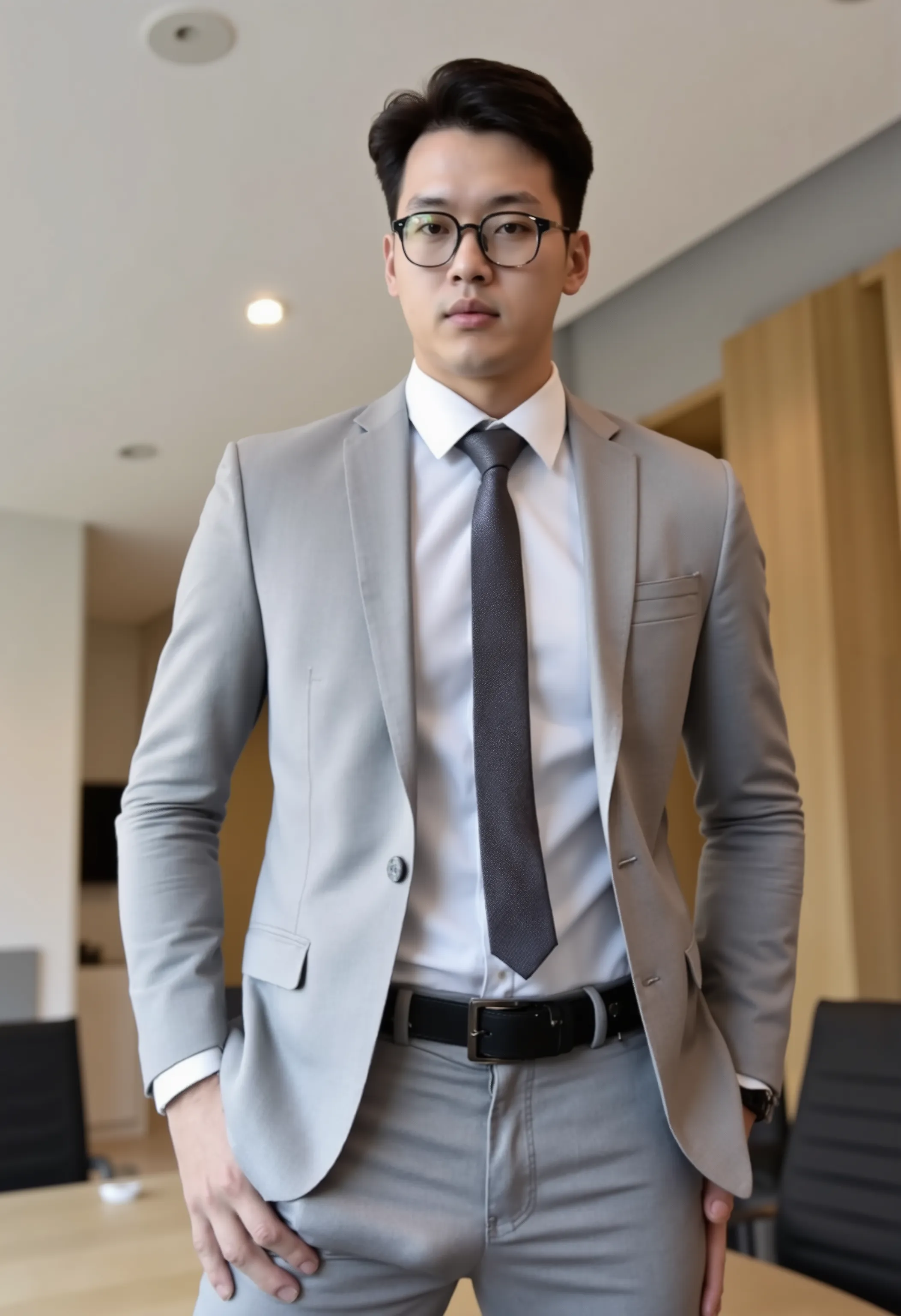 Thai or Asian men wear glasses. Good looking, handsome, very tall, very good figure like a model. Emphasize the man with a bulging throat in a thick long throat. At the tip, a mushroom head in the crotch is shaped like a mushroom head in the crotch. The me...