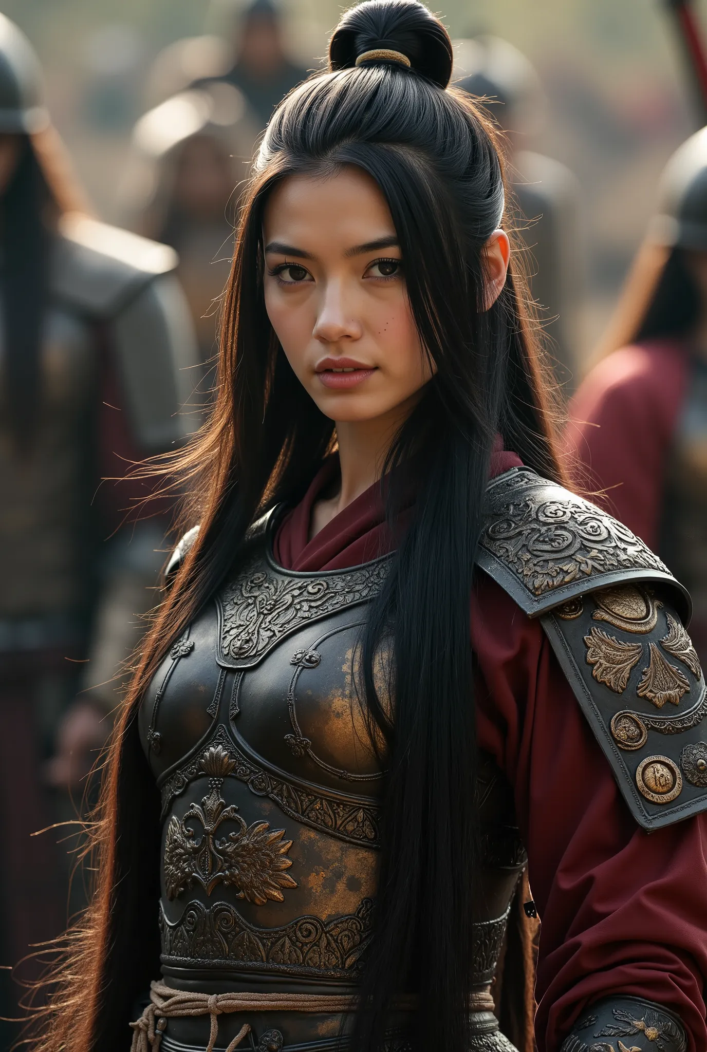 Fresh beauty, Japanese warrior, He wore ornate fantasy armor., minimal iron armor that covers his chest and waist., Heroic pose , long black hair, confident expression, dramatic lighting, battle background, high detail costume, Cinematic style