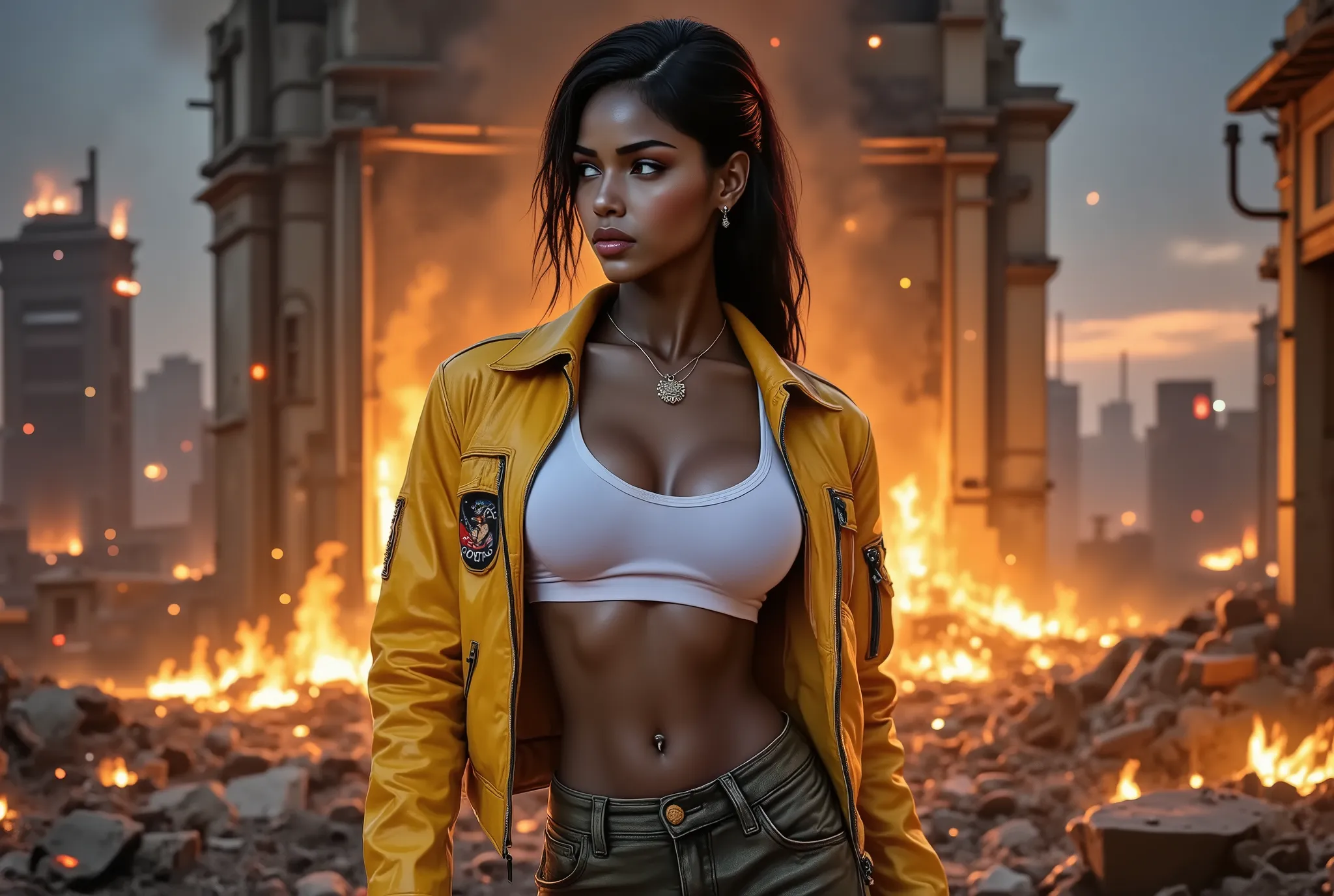 A beautiful woman, (yellow leather flight jacket with patches:1.2), white crop top shirt, necklace, (cargo hotpants:1.4), perfect abs, detailed skin texture, (blurry sunset destroyed army base background, raging fires, destruction, sparks:1.4), 8k, best qu...
