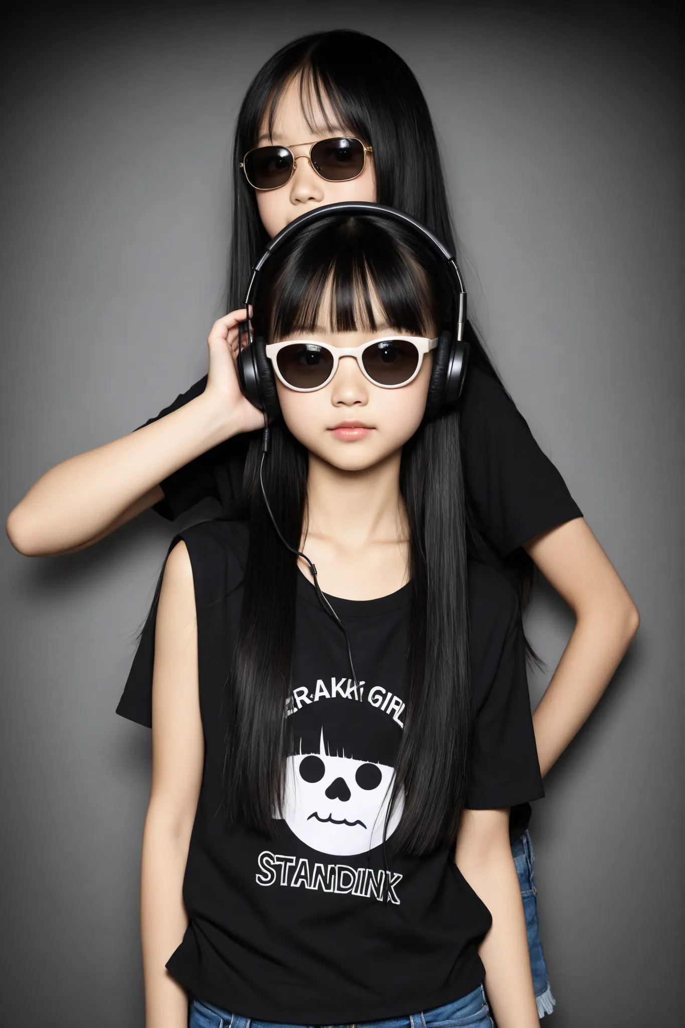 High Quality, masterpiece, A girl with a beautiful face,
break girl,black hair, (straight hair:1.4),(petite bangs:1)
break young,(12,yo:1)(12,years old,Japanese:1),(around 12:1.4),Tween
break (1girl:1.4),black T-Shirt,denim mini skirt,Headphone, big sungla...