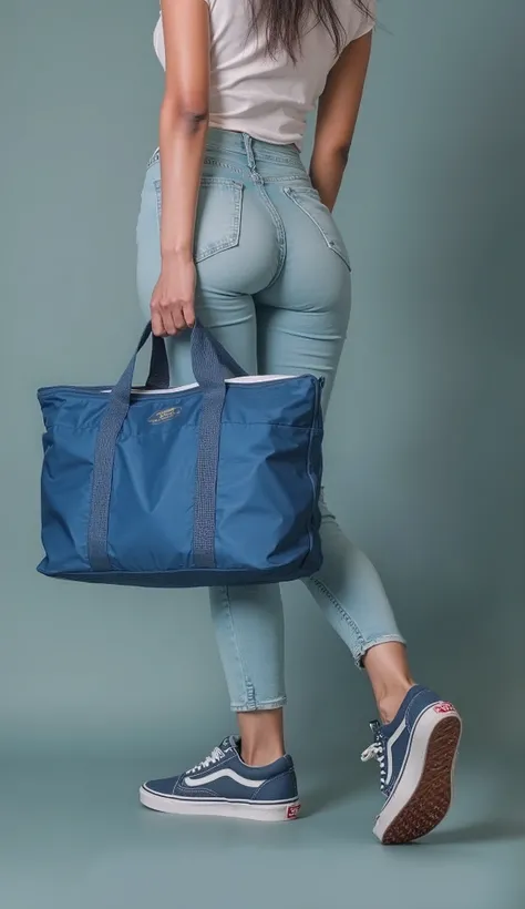 ((Close-up)) Of a thin woman standing (((in a back diagonal position))), wearing tight light-colored clothes and (((Vans® blue sneakers))), holding a basic blue cooler bag, simple straight bag, thermal bag with tote bag size, sacola simples, Ecological sab...