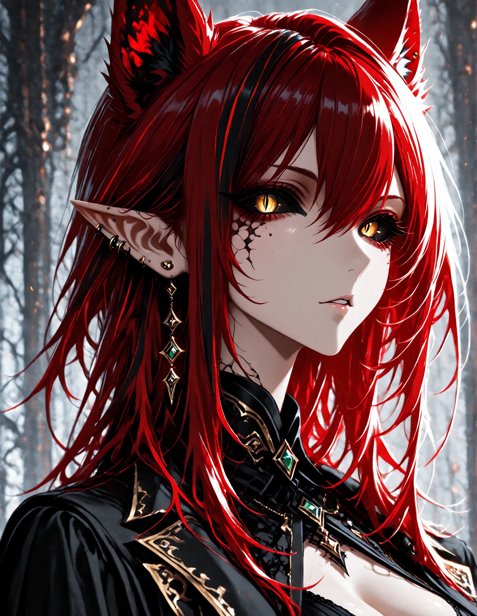 1girl, colored sclera, multicolored hair, solo, animal ears, red hair, cleavage, pointy ears, black sclera, jewelry, golden eyes, fingernails, earrings, streaked hair, looking at viewer, slit pupils, long hair, ear piercing, parted lips
