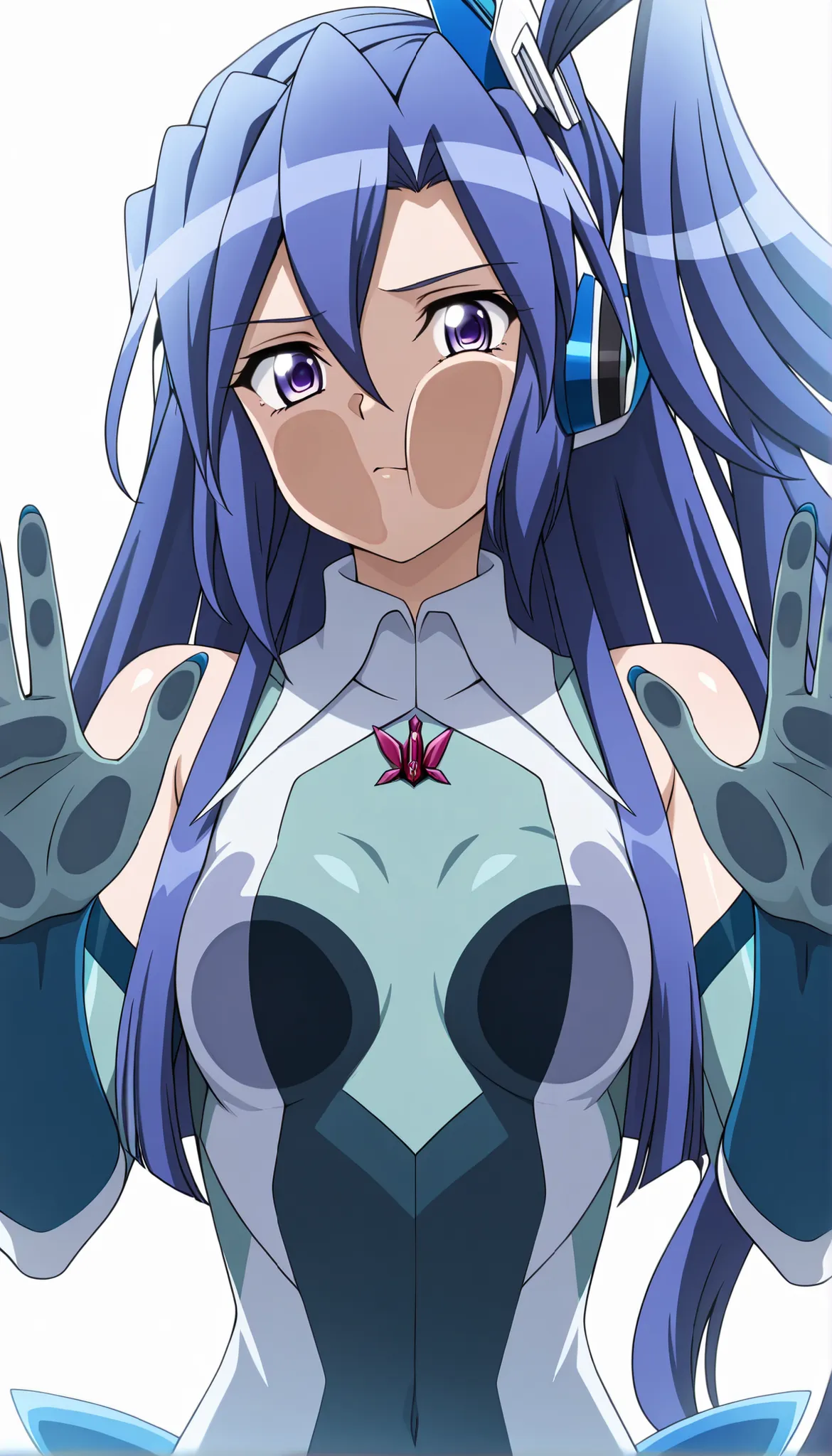 masterpiece, best quality, amazing quality, very aesthetic, absurdres, newest,shiny skin, anime screenshot, anime coloring senki zesshou symphogear, Kazanari Tsubasa,  blue_hair, purple eyes,  one side up, looking at viewer、complete nakedagainst glass, che...