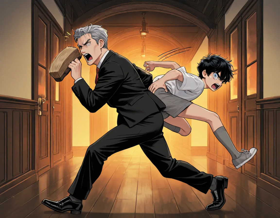 A  boy being chased by a 40-year-old adult man. The boy is wearing a white short-sleeved formal shirt, a red school tie, tight gray 70s school short shorts, gray school knee socks, black school shoes, short black hair, fair skin, blue eyes, tears, screaming, running on the right, nice butt, with his hands on his butt. The adult man is wearing a black formal suit, gray hair, furious expression, angry, carrying a large wooden hairbrush in his right hand, running on the left. Hallway of a Victorian-style house. ((motion lines)). Masterpiece, detailed, sunset light, well defined, high quality, lighting cinematic, uncensored, not suitable for work.