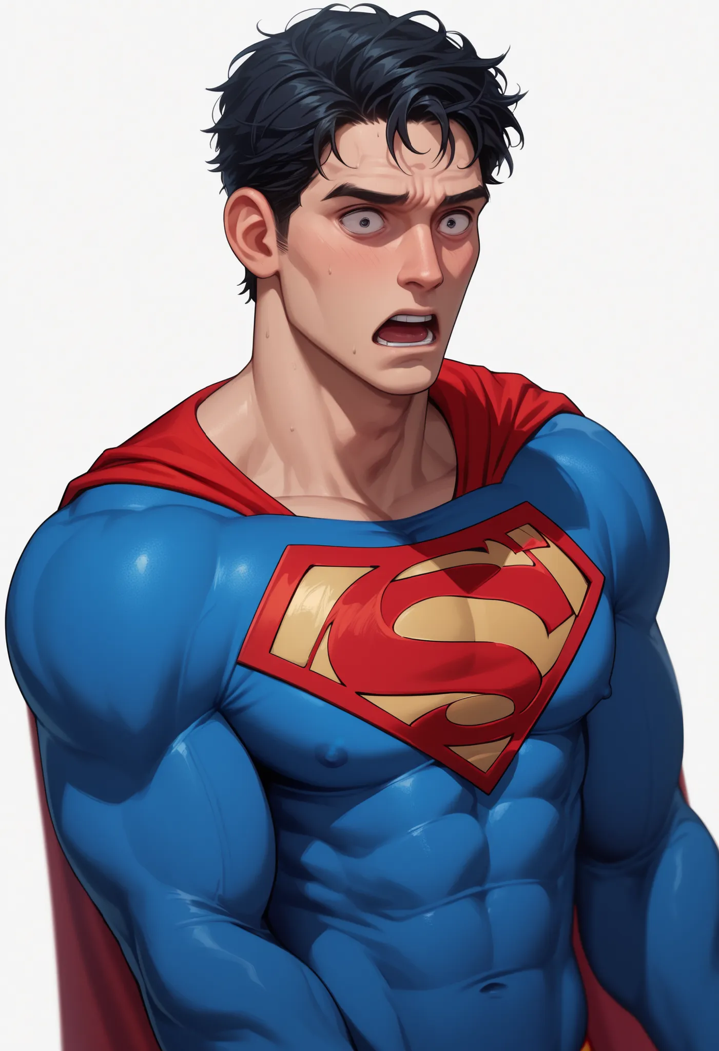 ((White background )) , rathing_questionable , solo MAN (1man) , 40 years old , black short hair , black EYES , strong , ((superman:1.4)) ,((very skinny:0.9)) Very shocked ((very thin:1.2)))