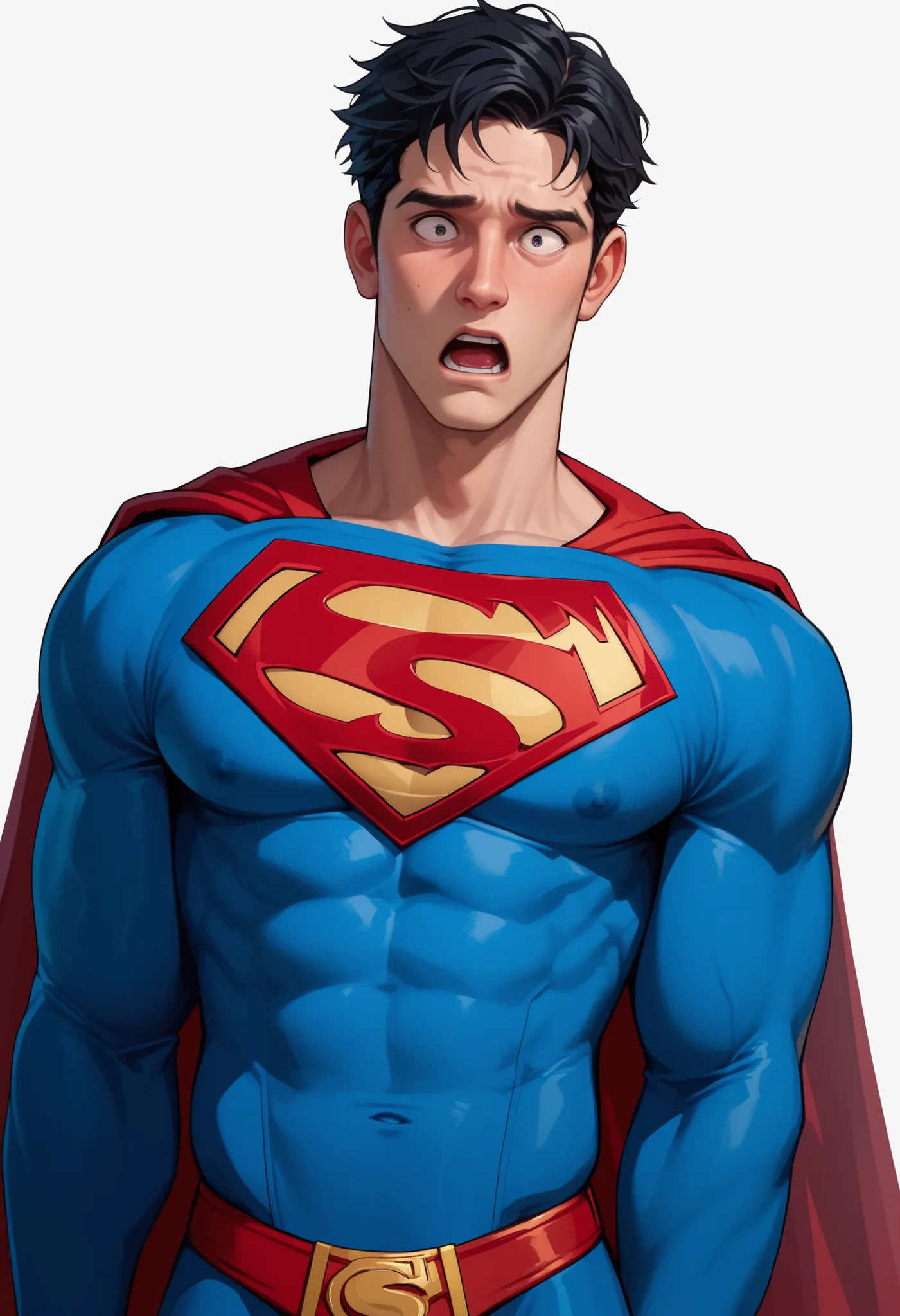 ((White background )) , rathing_questionable , solo MAN (1man) , 40 years old , black short hair , black EYES , strong , ((superman:1.4)) ,((very skinny:0.9)) Very shocked ((very thin:1.2)))