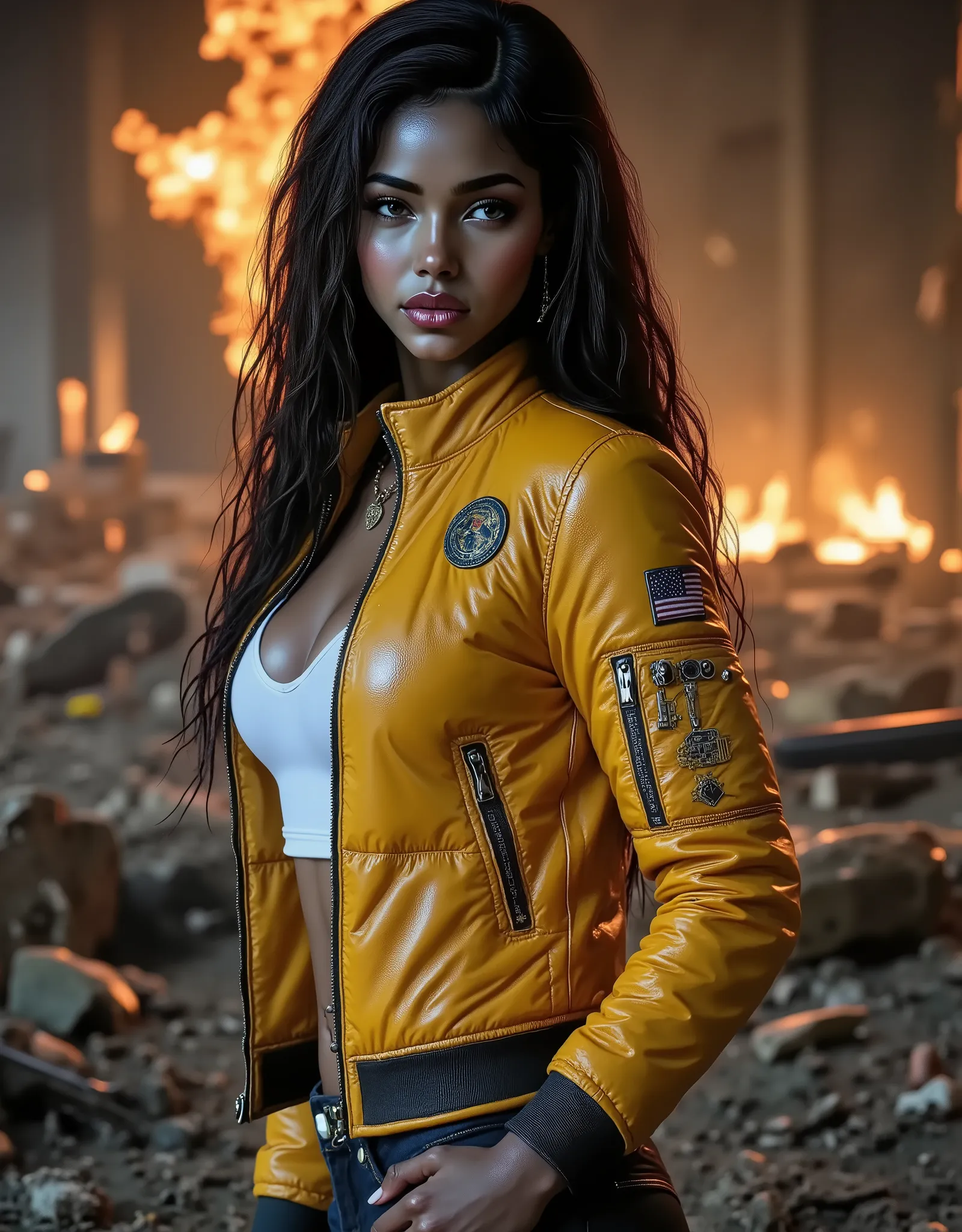A beautiful woman, (yellow leather flight jacket with patches:1.2), white crop top shirt, necklace, (cargo hotpants:1.4), perfect abs, detailed skin texture, (blurry sunset destroyed army base background, raging fires, destruction, sparks:1.4), 8k, best q...