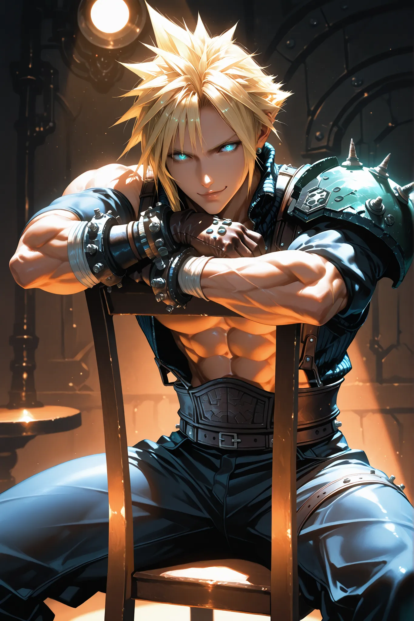 Cloud Strife, Final Fantasy VII inspired, masterpiece, best quality, ultra-detailed, 8k, muscular male, abs, confident smirk, spiky blond hair, glowing blue eyes, sitting backwards on a chair, arms resting on the backrest, tight pants, open shirt, fantasy ...