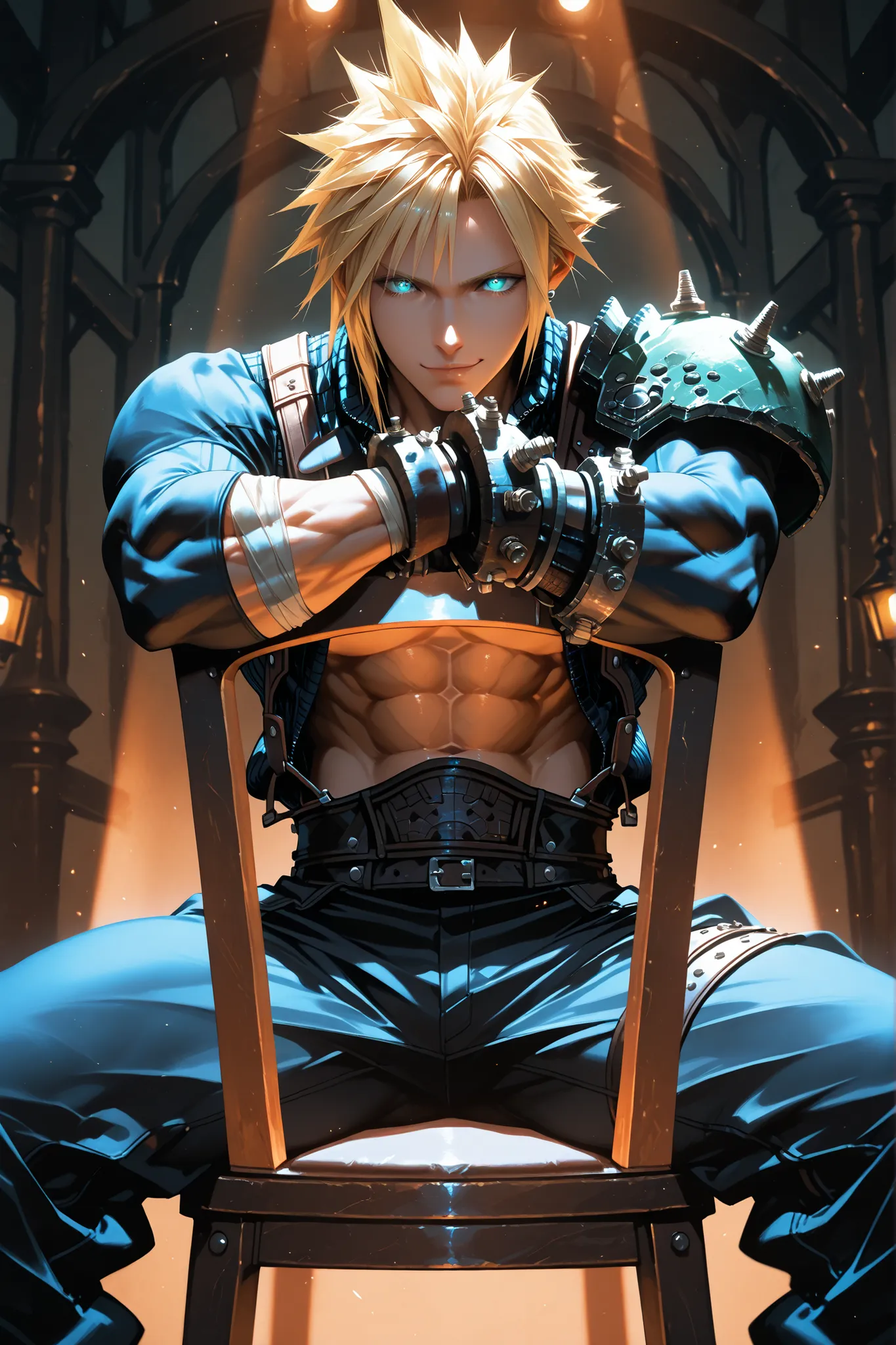 Cloud Strife, Final Fantasy VII inspired, masterpiece, best quality, ultra-detailed, 8k, muscular male, abs, confident smirk, spiky blond hair, glowing blue eyes, sitting backwards on a chair, arms resting on the backrest, tight pants, open shirt, fantasy ...