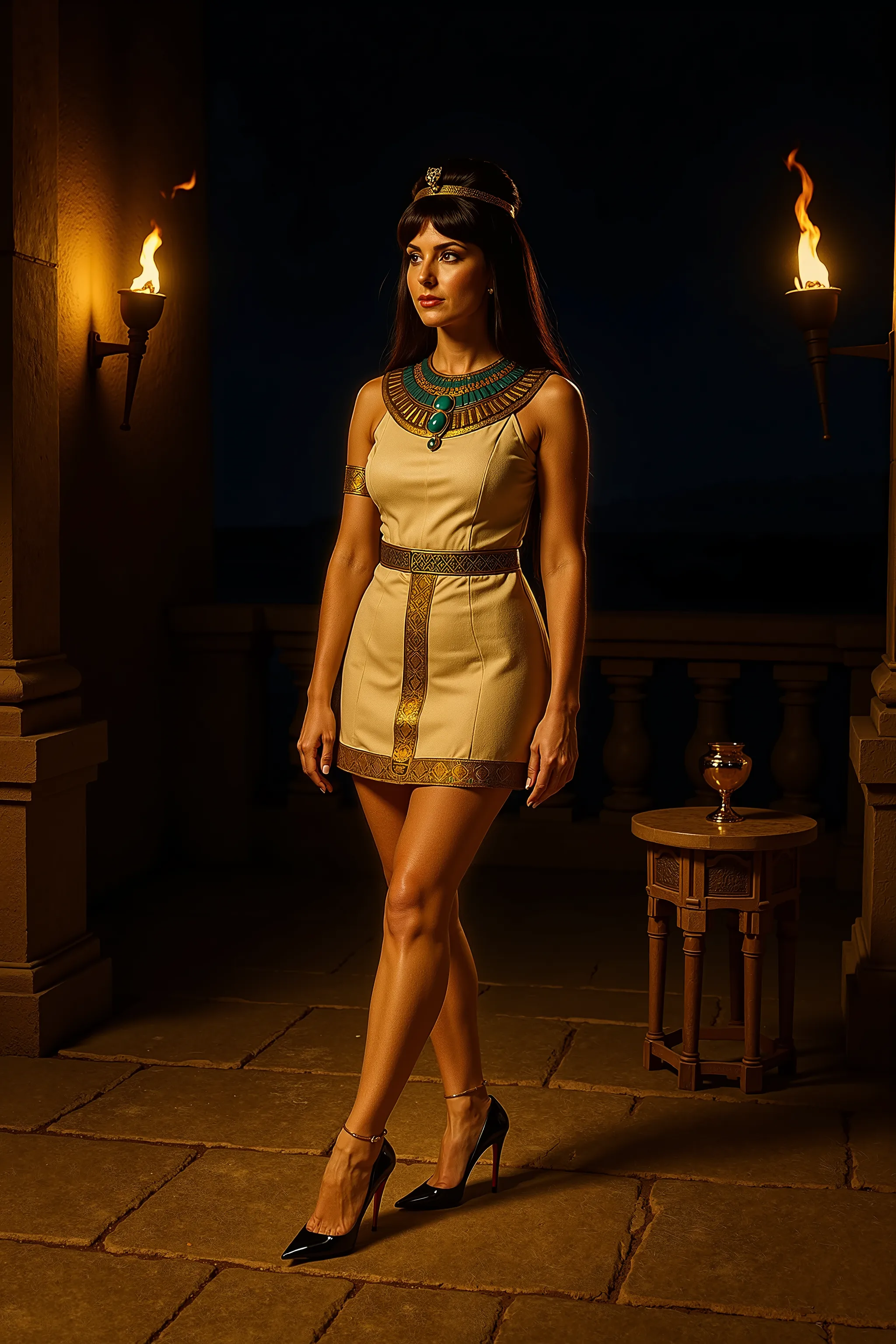 Shot from the distance, full body shot from head to toe, of Claudia, a young woman with 1960s retro charm and Egyptian regality, standing confidently on an ancient terrace of a palace overlooking the sea. It is nighttime, and the scene is dramatically lit ...
