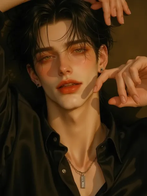 (masterpiece , best quality , amazing quality , very aesthetic , high resolution , ultra-detailed , absurdres , optimal quality , wide-angle lens),
A handsome , sexy man with sharp , Emotionless, living room background, Black hair, green eyes,  fit, toned,...