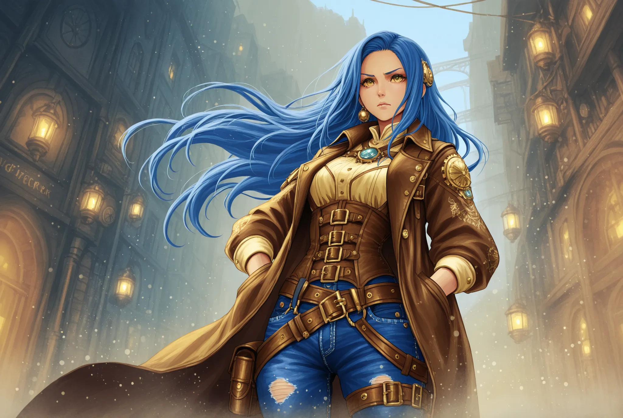 a fierce anthropomorphic cat warrior with long wild blue hair, wearing patched leather and denim clothes, standing confidently with hands in pockets, intense golden eyes, fantasy steampunk vibe, detailed clothing, rustic jewelry and belts, bright splashes ...