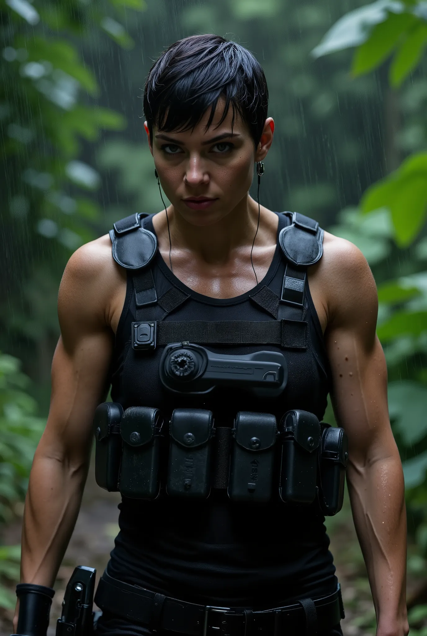 (close-up shot), (facing forwards), looking directly into the camera, A stunning skinny fashion model in full black military gear with tactical vest, utility belt, handgun holster on her side, comm's device, and she is holding a military hand gun. small bl...