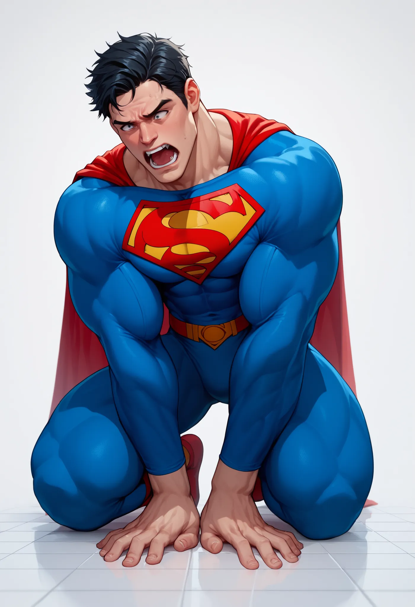 ((White background )) , rathing_questionable , solo MAN (1man) , 40 years old , black short hair , black EYES , strong , ((superman:1.4)) ,((hyper muscular:0.9)) (muscular) Very shocked (Screaming in pain) Kneel on the floor