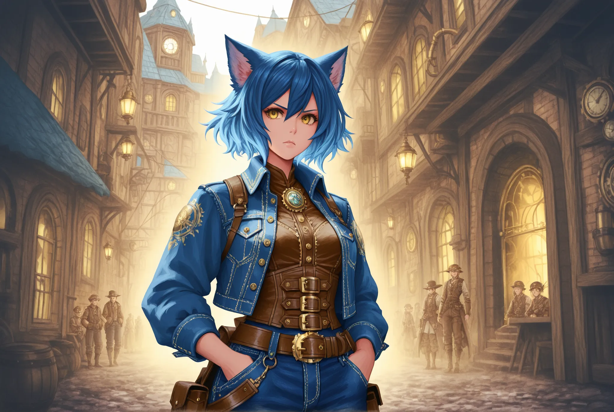 a fierce anthropomorphic cat warrior with long wild blue hair, wearing patched leather and denim clothes, standing confidently with hands in pockets, intense golden eyes, fantasy steampunk vibe, detailed clothing, rustic jewelry and belts, bright splashes ...