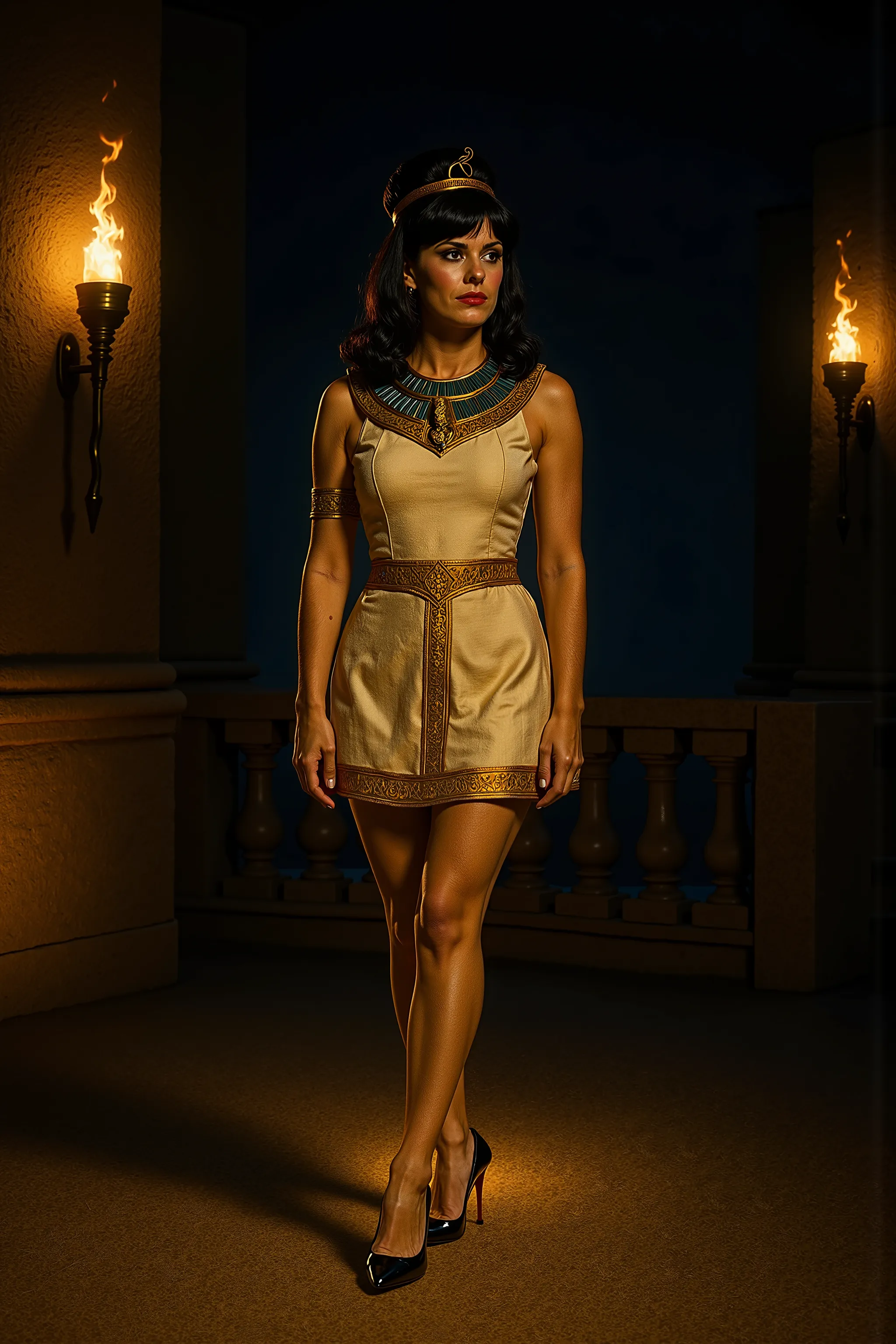 Shot from the distance, full body shot from head to toe, of Claudia, a young woman with 1960s retro charm and Egyptian regality, standing confidently on an ancient terrace of a palace overlooking the sea. It is nighttime, and the scene is dramatically lit ...