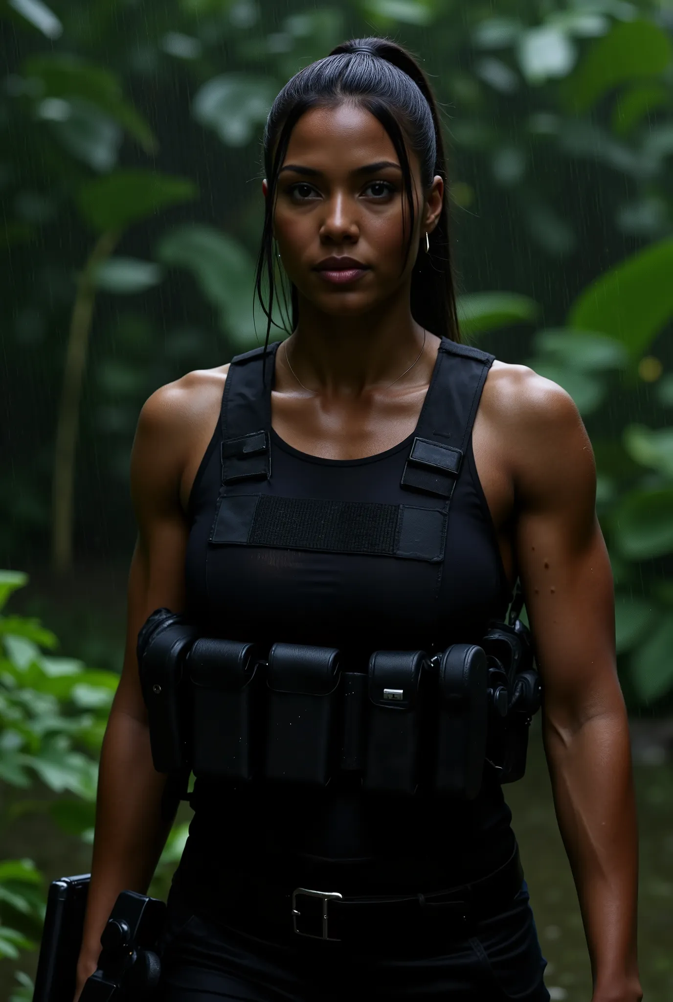 (close-up shot), (facing forwards), looking directly into the camera, A stunning skinny African-American fashion model in full black military gear with tactical vest, utility belt, handgun holster on her side, comm's device, and she is holding a sniper rif...