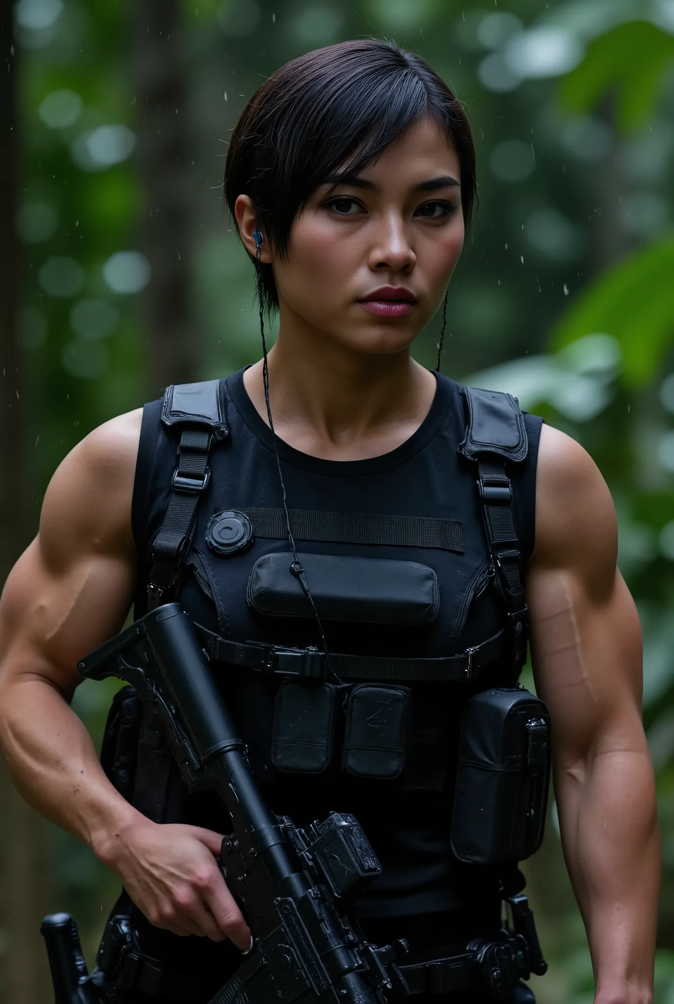 (close-up shot), (facing forwards), looking directly into the camera, A stunning skinny asian fashion model in full black military gear with tactical vest, utility belt, handgun holster on her side, comm's device, and she is holding a large military machin...