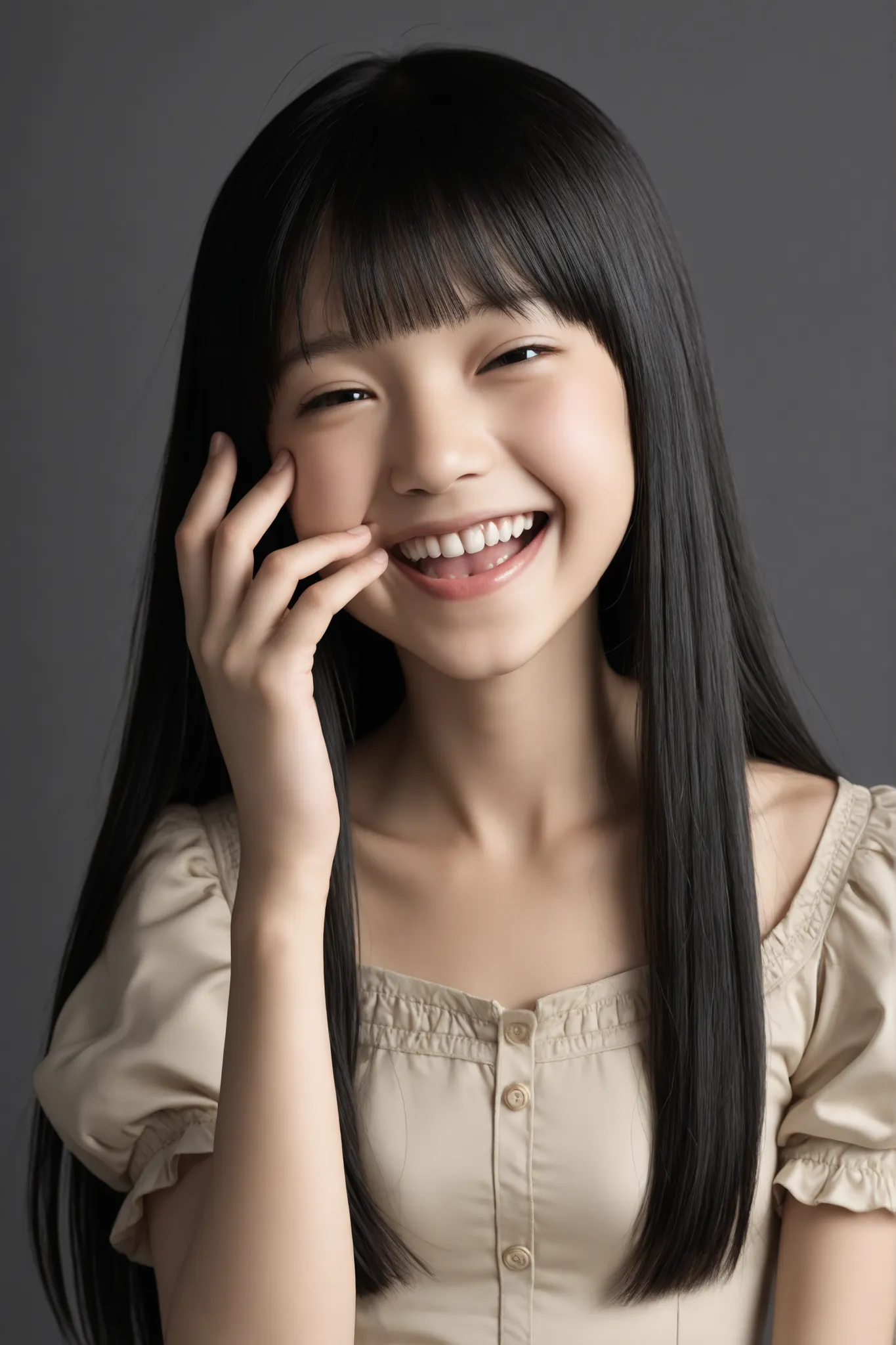 High Quality, masterpiece, A girl with a beautiful face,
break girl,black hair, (straight hair:1.4),(petite bangs:1)
break (12,yo:1)(12,years old,Japanese:1),(around 12:1.4),Tween
break (1girl:1.4),(solo:1.4),(alone:1.4),puff-sleeved top,She's laughing.
br...